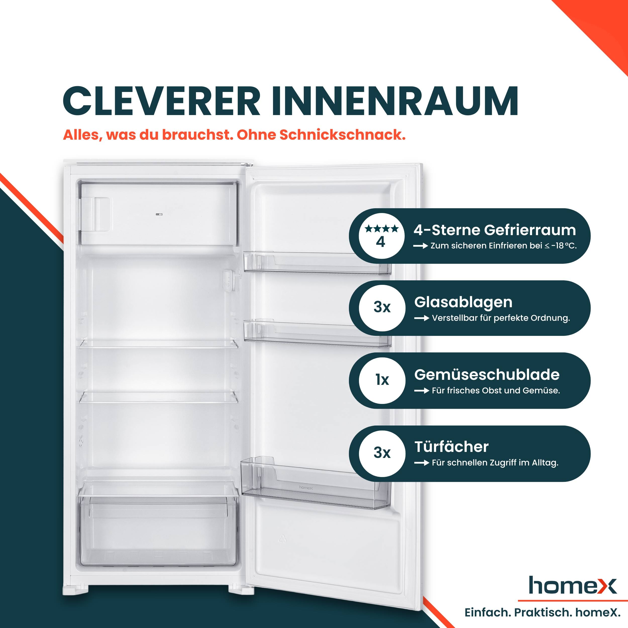 homeX CFB1811E Einbaukühlschrank mit Gefrierfach, 122cm Nische - 181 Liter, Schlepptürtechnik, LED-Beleuchtung, 39 dB