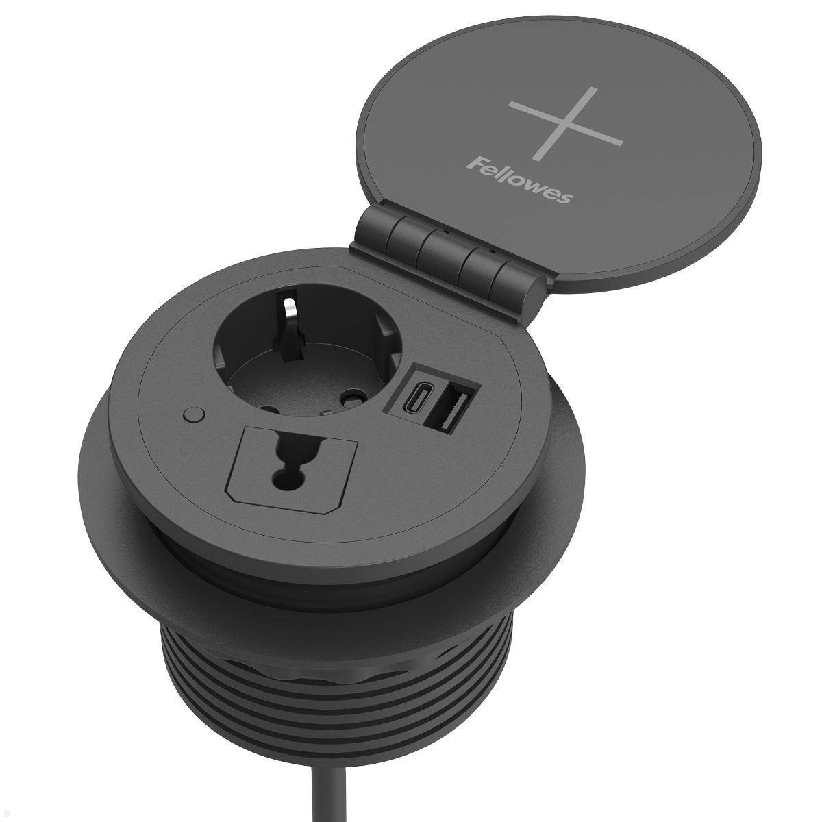 Fellowes Qi Power-Spot Einbausteckdose mit USB A/C Charger, Qi-Ladefunktion (100...