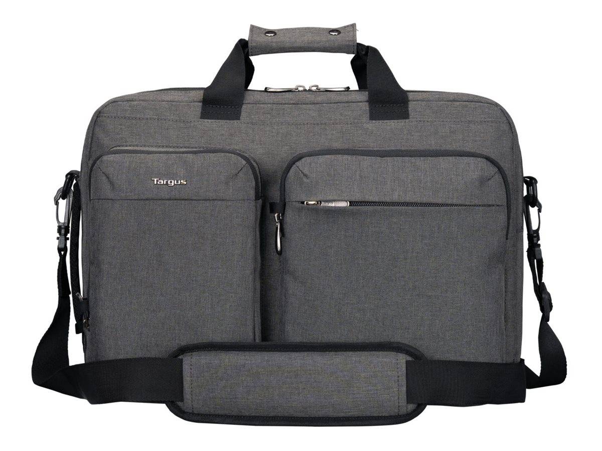 Graue Targus-Laptop-Aktentasche mit Griffen oben, Schultergurt und mehreren vorderen Reißverschlusstaschen auf weißem Hintergrund.