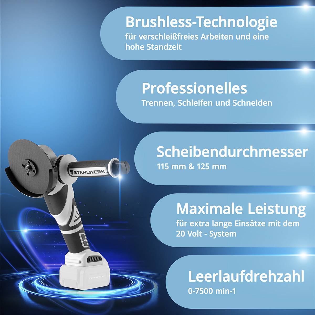 STAHLWERK Brushless Akku Winkelschleifer 7500 U/min mit 4 Ah Akku 20 V