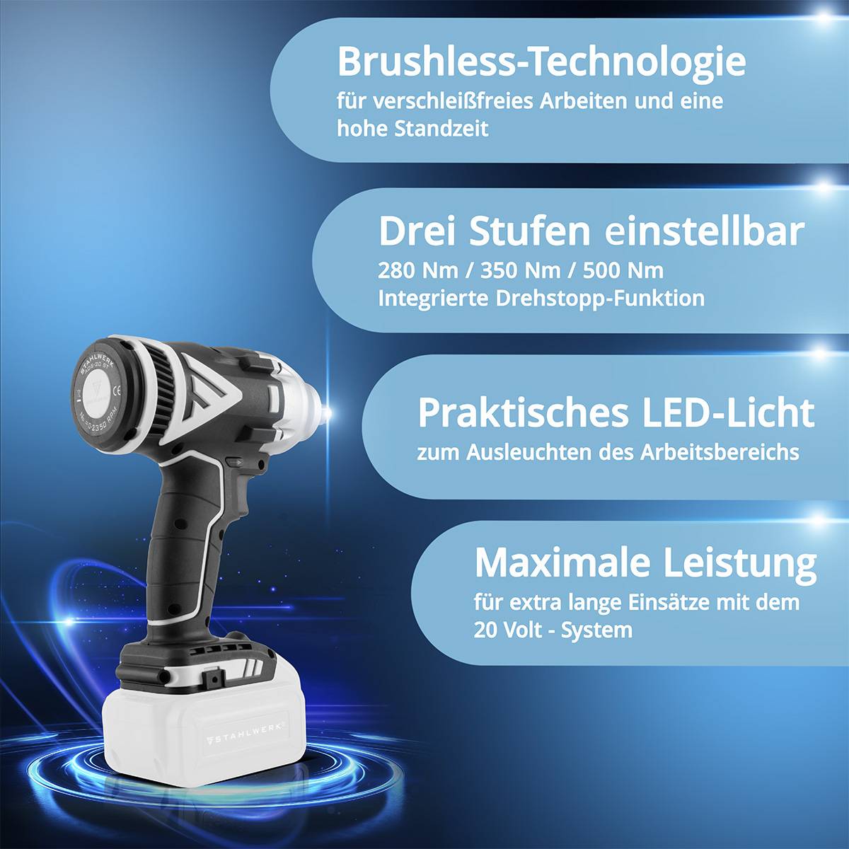 STAHLWERK Brushless Akku Drehschlagschrauber 500 Nm 4 Ah Akku 20 V