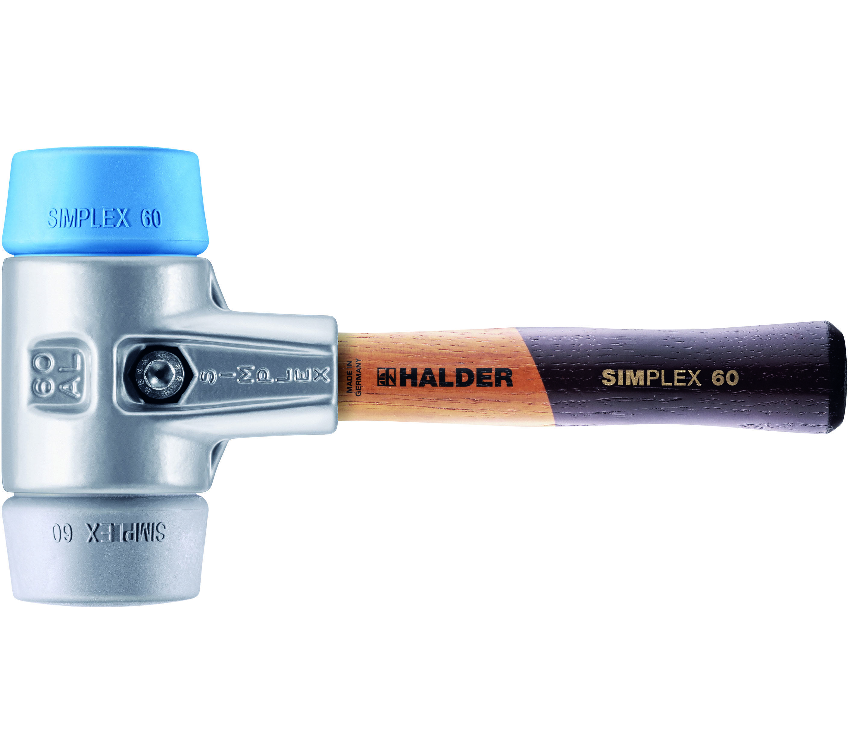 HALDER SIMPLEX Schonhammer Ø 60 mm TPE-soft blau / TPE-mid grau kurzer Stiel mit Aluminiumgehäuse