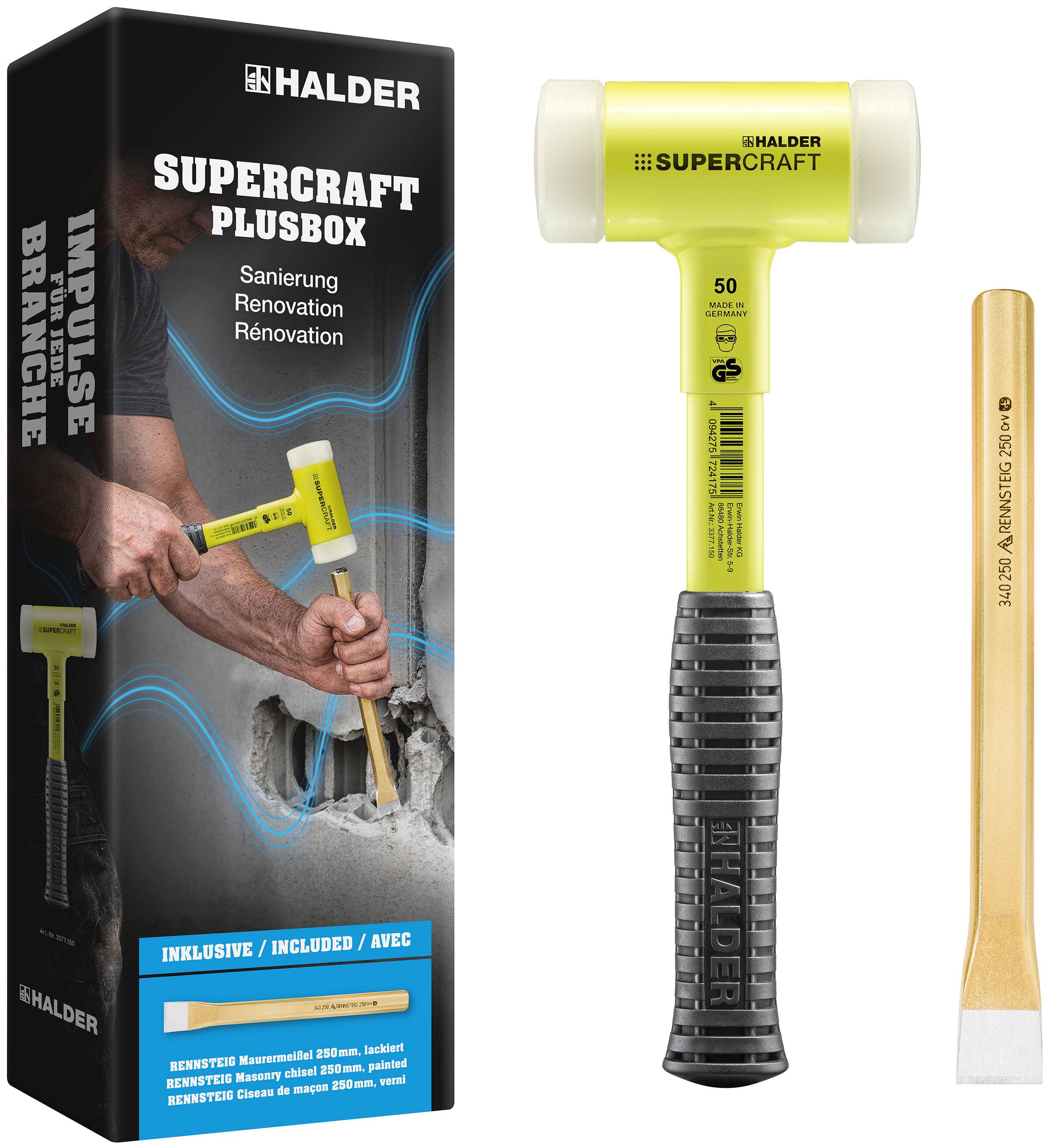 HALDER SUPERCRAFT Plusbox Sanierung Schonhammer Ø 50 mm + RENNSTEIG Maurermeißel 250 mm