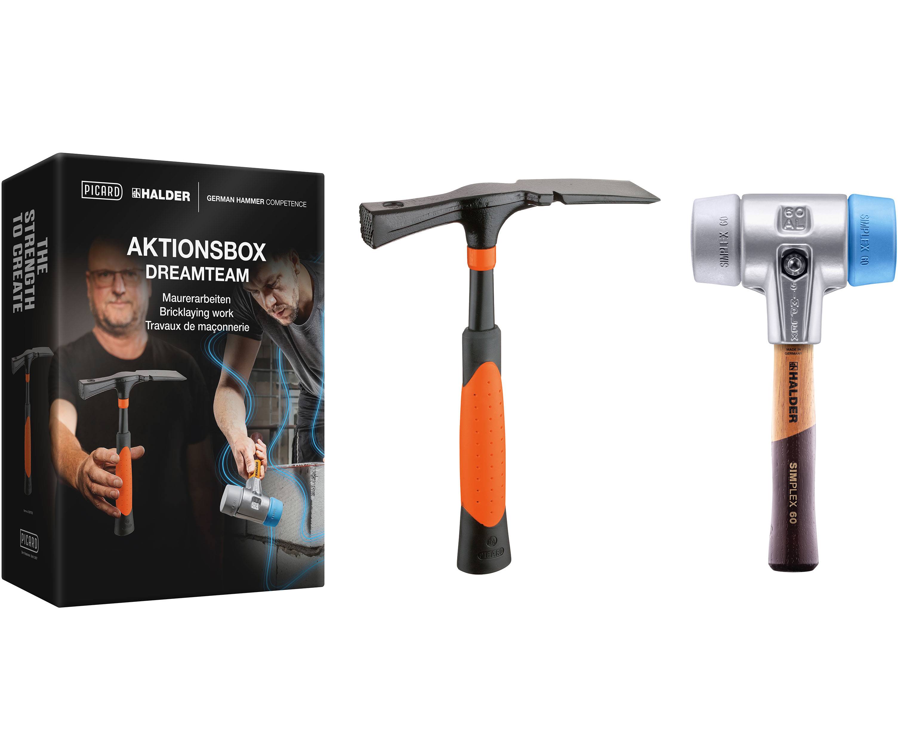 HALDER Aktionsbox Dreamteam Maurerarbeiten SIMPLEX Ø 60 mm TPE-soft / TPE-mid + PICARD Maurerhammer