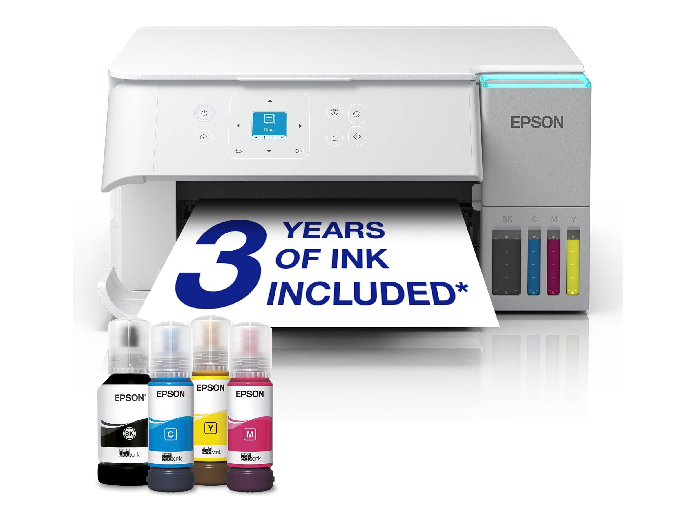 Epson-Drucker mit Tintenflaschen und einem Blatt Papier, auf dem steht „3 JAHRE TINTE ENTHALTEN*