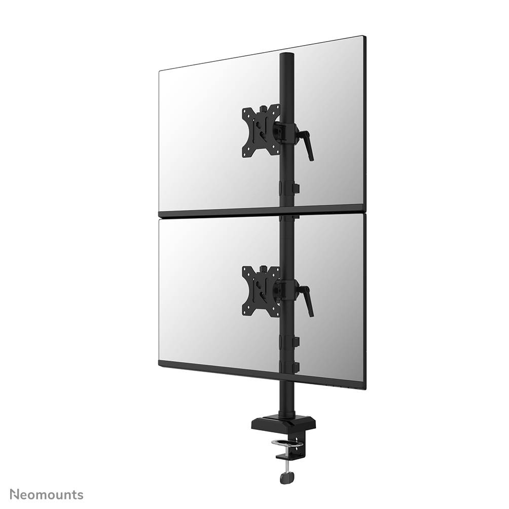 Dual-Monitor-Schreibtischhalterung mit Klemmfuß und zwei verstellbaren VESA-Halterungen, die Bildschirme vertikal übereinander halten.