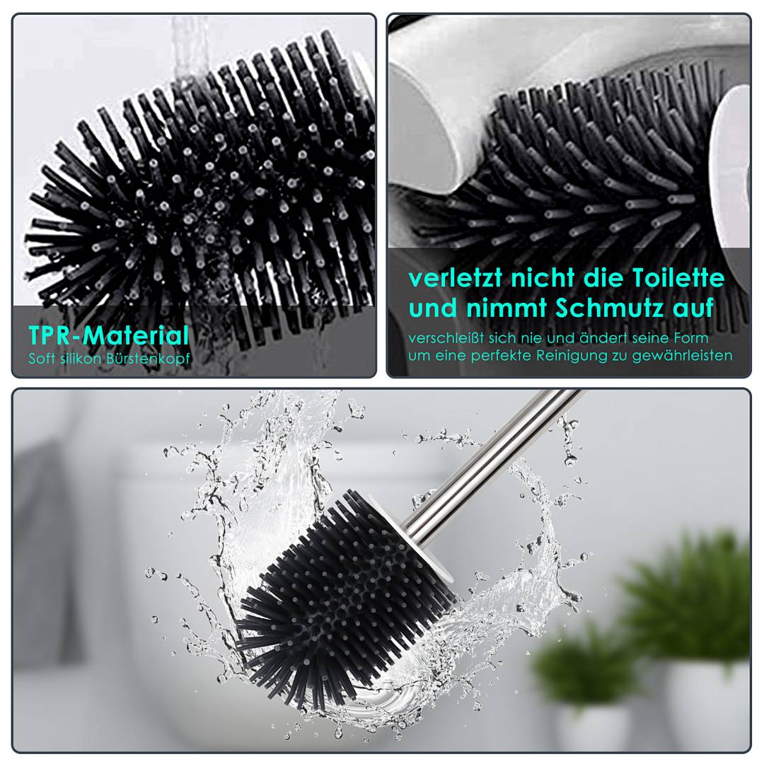 Toilettenbürste Klobürste WC Bürste Silikon 2 in 1 hygenische WC Toilettenbürstenhalter Klobürste Garnitur Toilette Edelstahl Griff