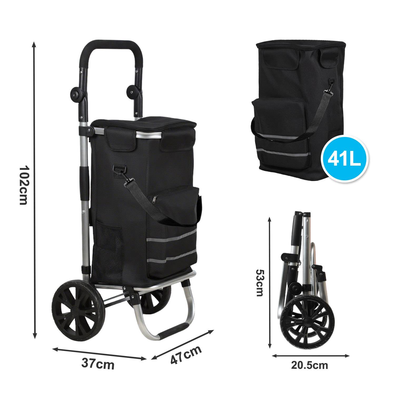 Schwarzer Einkaufs-Einkaufswagen mit 41-Liter-Tasche, dargestellt offen und zusammengeklappt, mit den Abmessungen 102 cm Höhe, 37 cm Breite, 47 cm Tiefe und 53 cm zusammengeklappt.