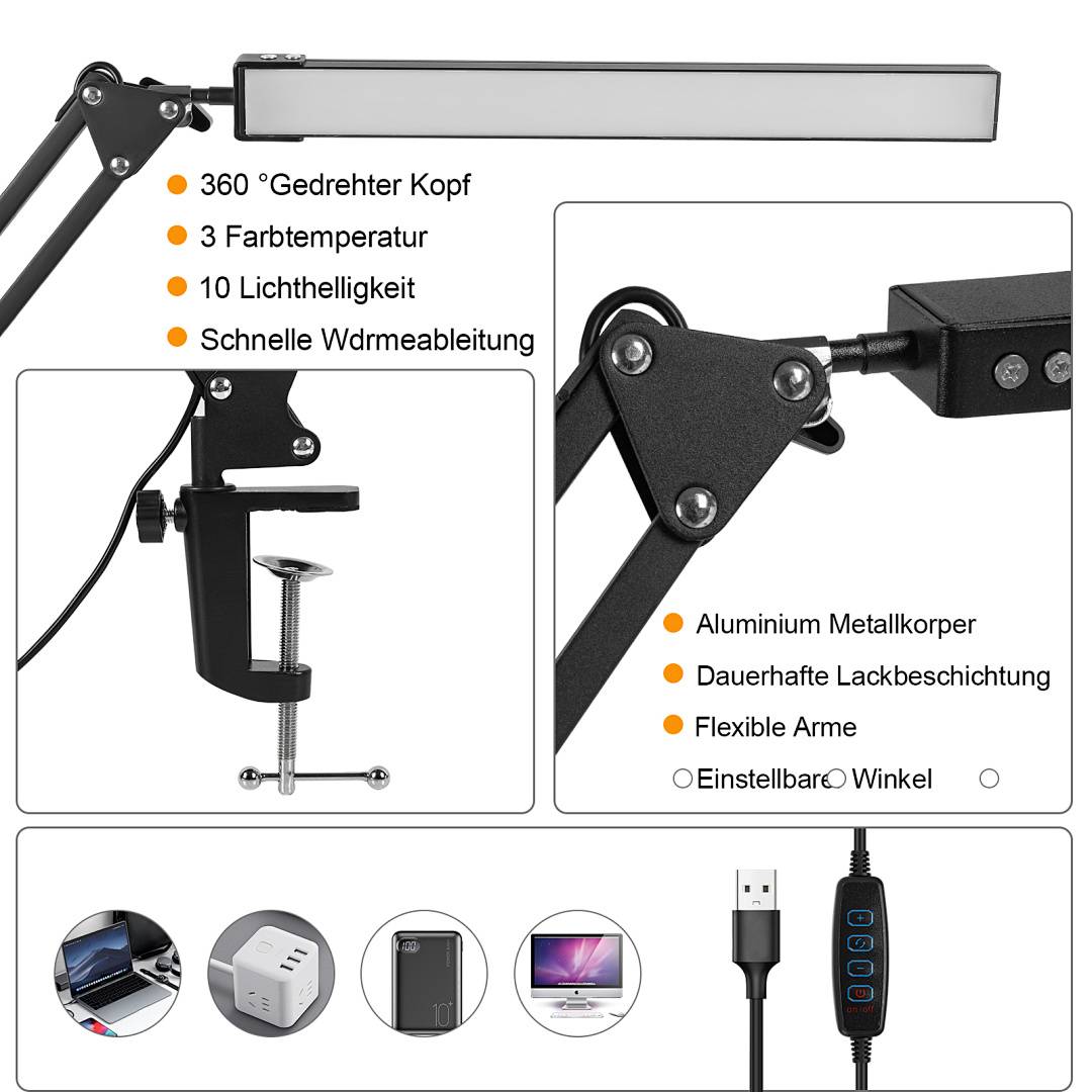 LED Schreibtischlampe Dimmbar Tischlampe 10W Leselampe Tischleuchte Nachttischlampe USB Lampe Nachttisch