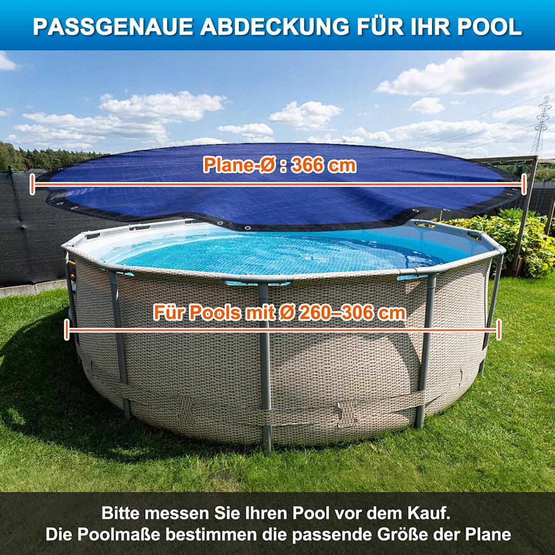 Poolabdeckung Rund für Ø306 cm Pools | Planenmaß Ø366 cm | 2-in-1 PE UV-beständig