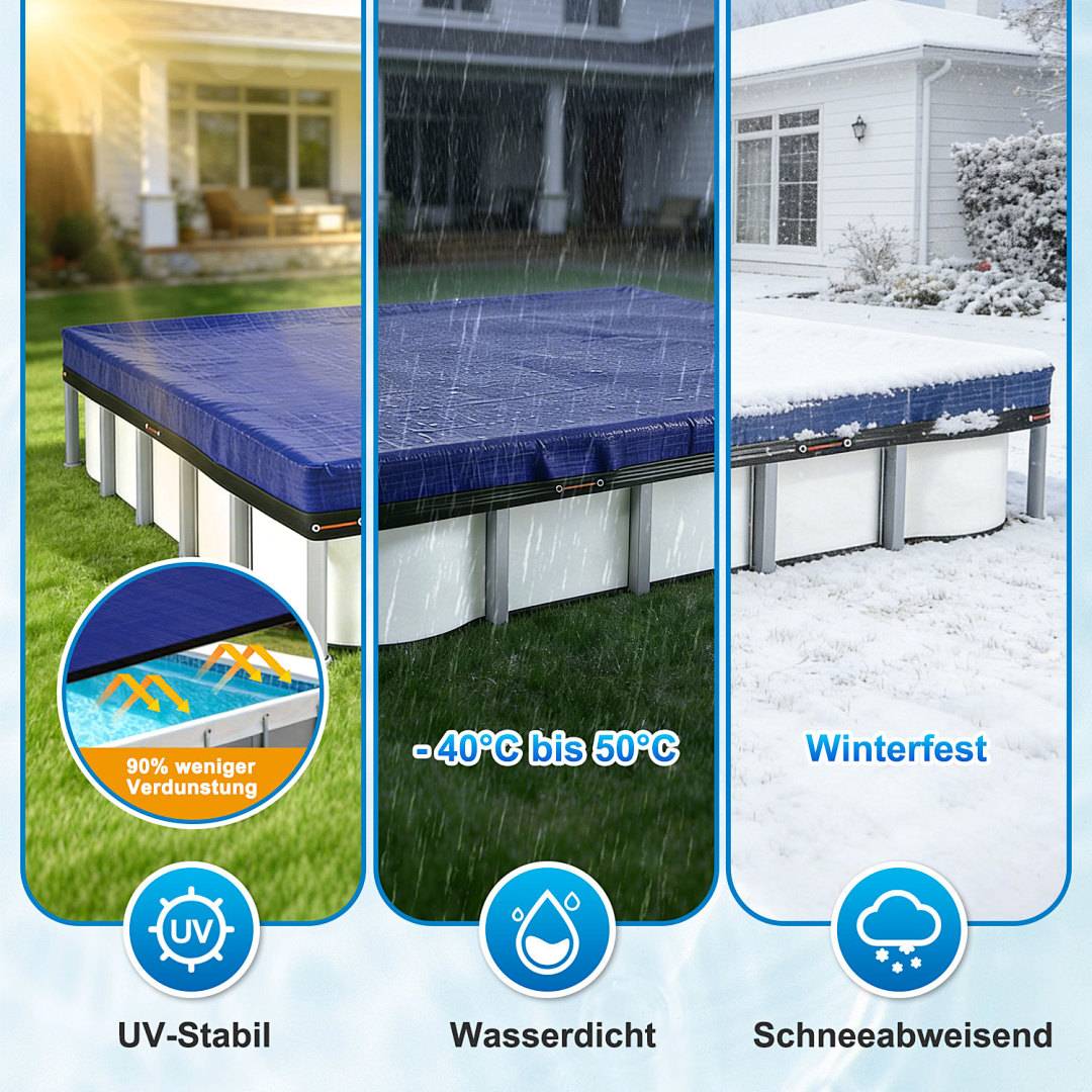 Rechteck Poolabdeckplane für Pools 200x300 cm | Plane 210x304 cm | 2-in-1 PE