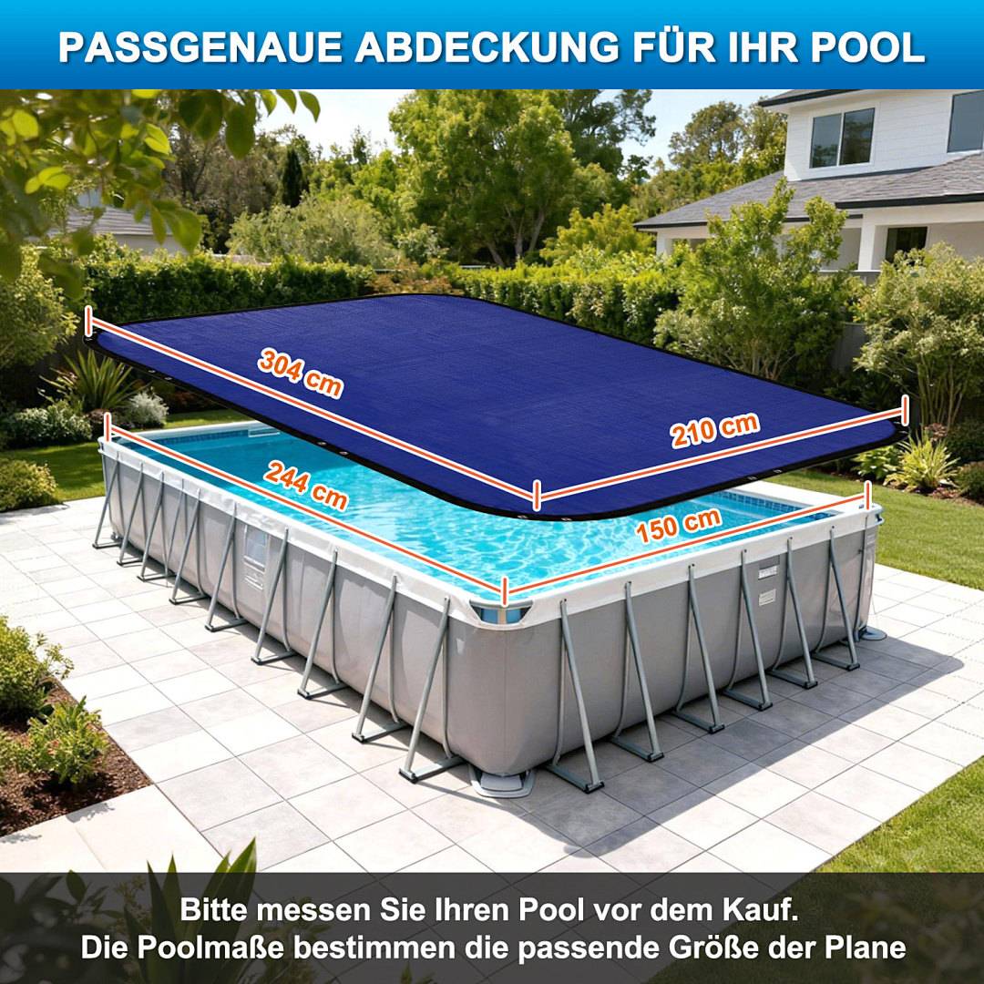 Poolabdeckung Rechteckig für 200x300 cm Pools | Planenmaß 210x304 cm | 2-in-1 PE