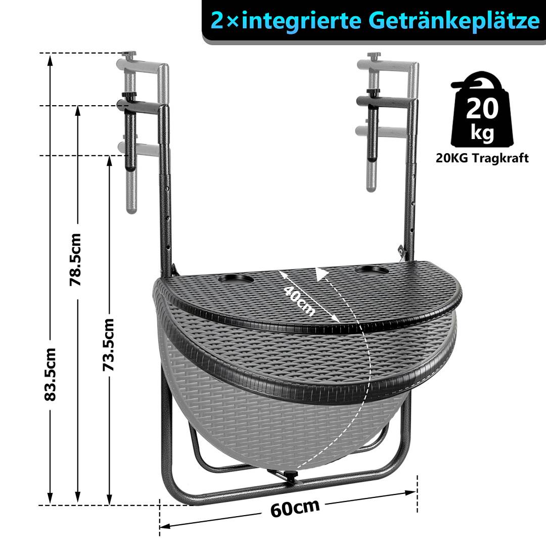 Balkontisch Balkonhängetisch Hängetisch 60x40cm Tisch Balkon Klapptisch Klappbar Beistelltisch Möbel