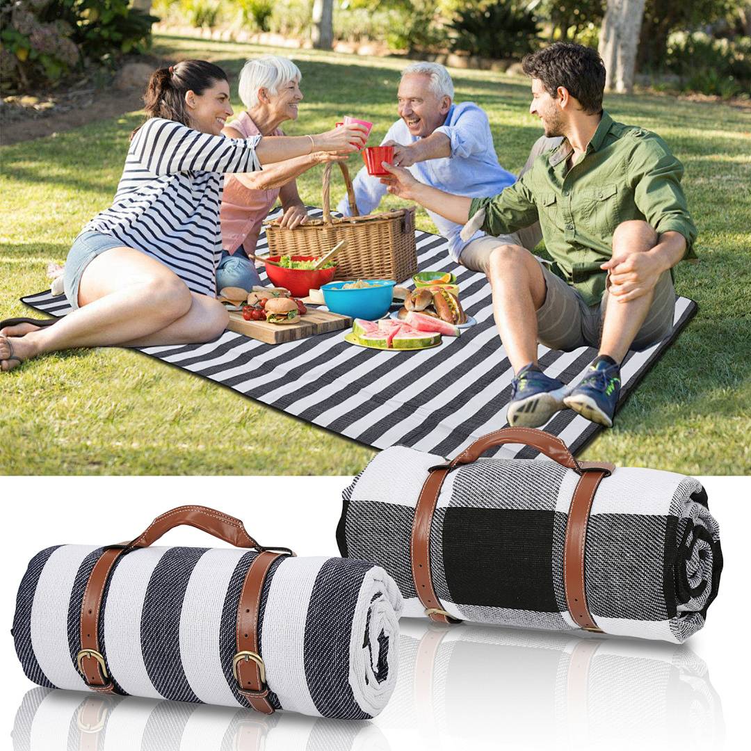 Picknickdecke Wasserdicht 200x200 cm XXL Outdoor Campingdecke Faltbar mit Tragegriff, Streifen & Karo Muster