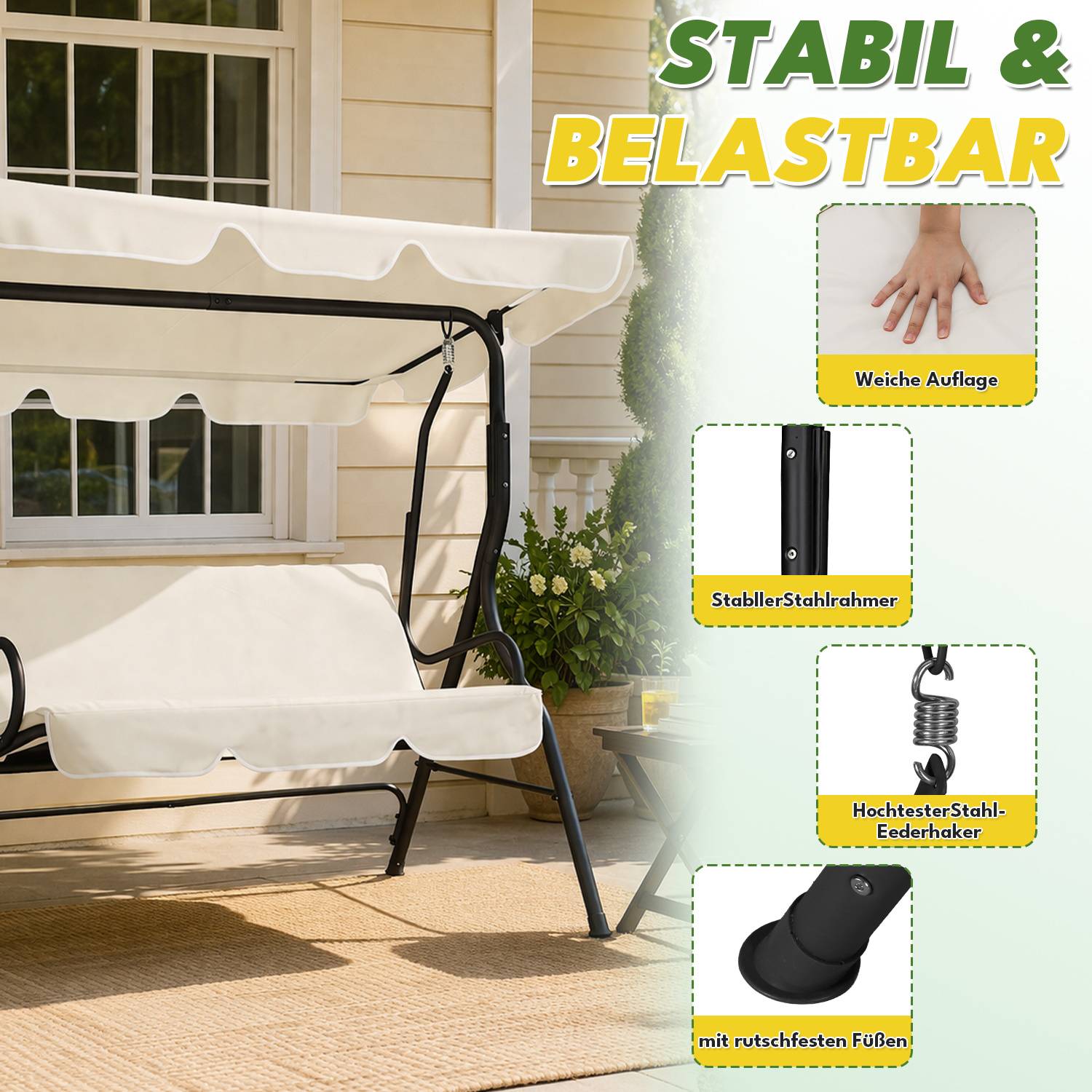 Hollywoodschaukel 3-Sitzer Beige mit verstellbarem Sonnendach, Gartenschaukel mit Stahlrahmen für Garten Terrasse Balkon