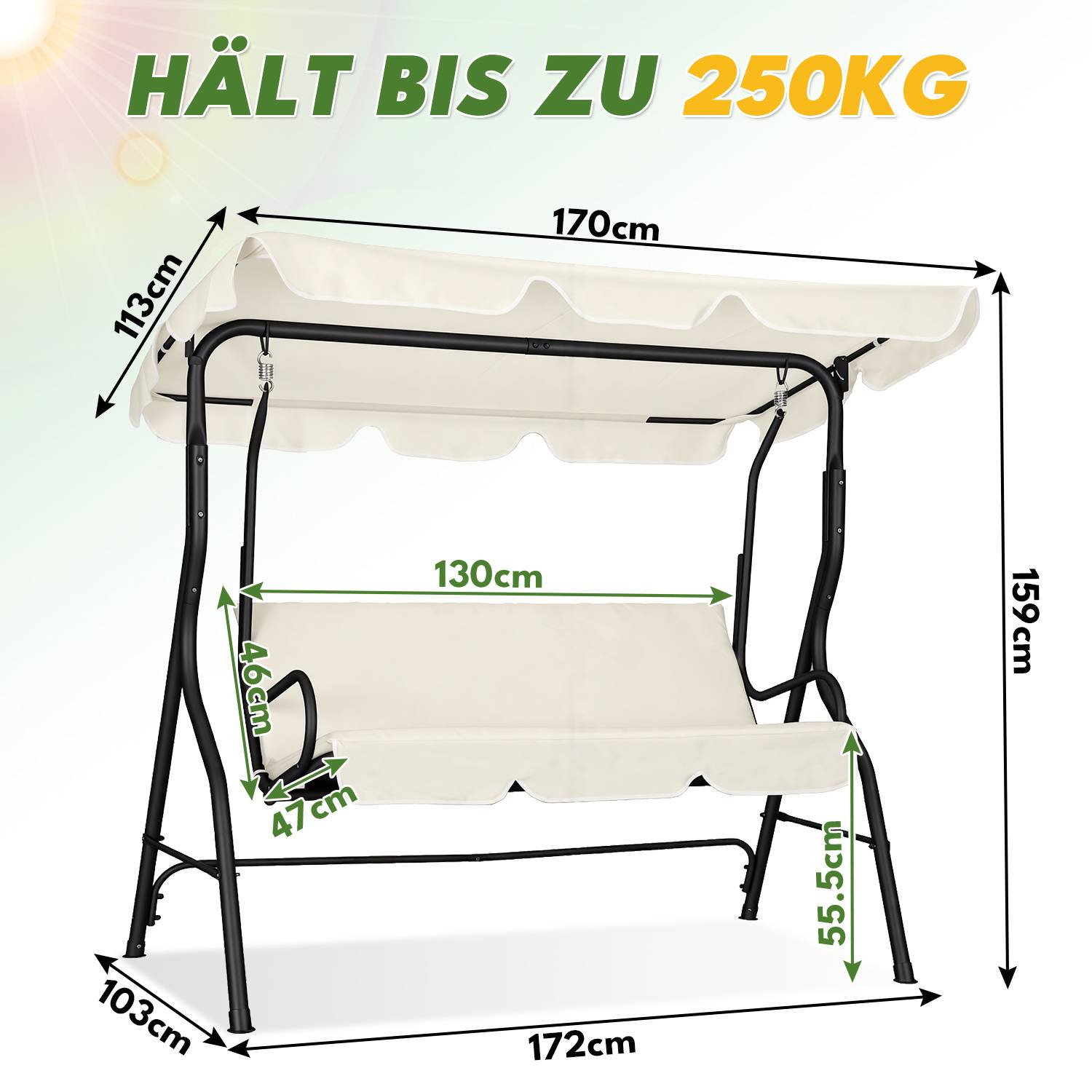 Hollywoodschaukel 3-Sitzer Beige mit verstellbarem Sonnendach, Gartenschaukel mit Stahlrahmen für Garten Terrasse Balkon