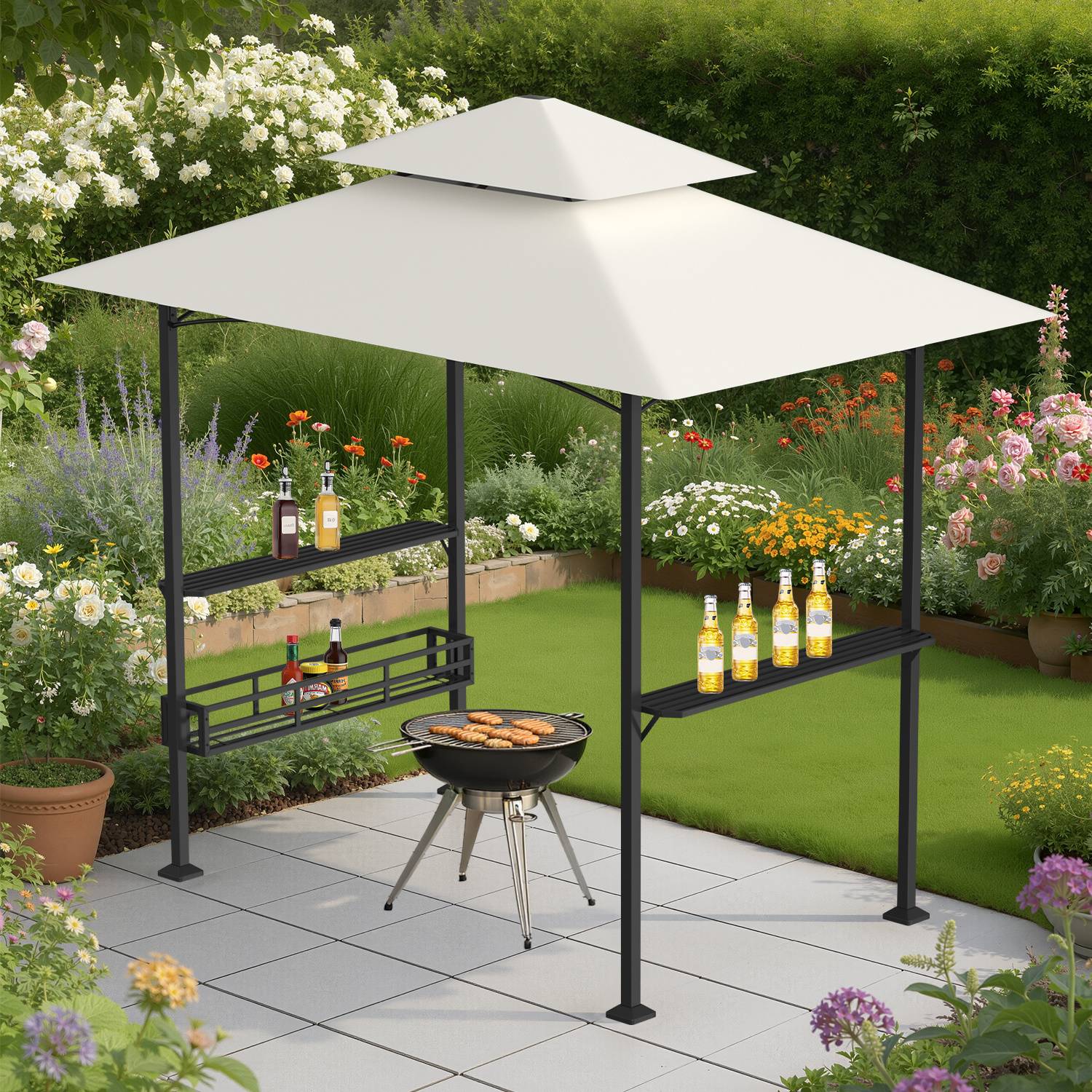 Grillpavillon mit Doppeldach 238x148x250 cm Beige, Grillunterstand mit Seitenregalen, Haken & Flaschenöffner für Garten