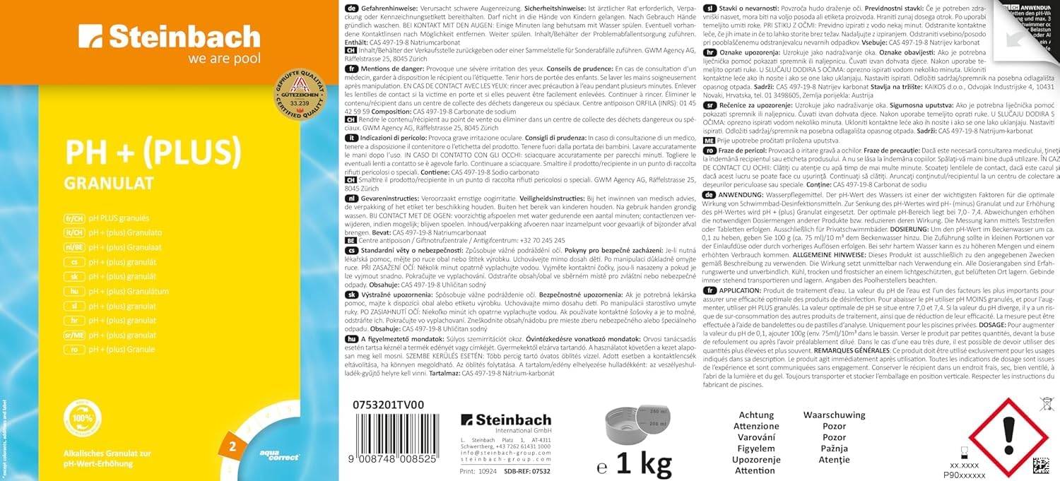 Steinbach Poolpflege pH-Plus Granulat - 0753201TV00-15kg - Zur pH-Wert-Erhöhung im Pool - Gut löslich & staubreduziert - Für stabile Wasserwerte