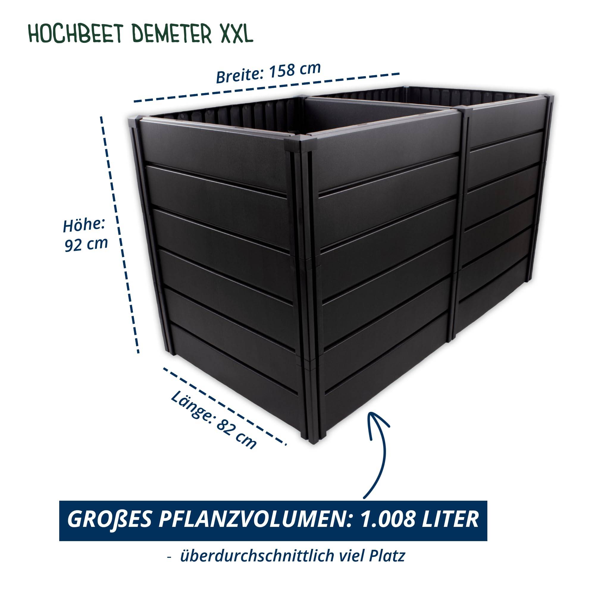 KHW Hochbeet Demeter XXL | 158×82×92 cm Garten Hochbeet | 1008L Pflanzvolumen | 100% recycelter Kunststoff | wetterfest & UV-beständig | werkzeuglo