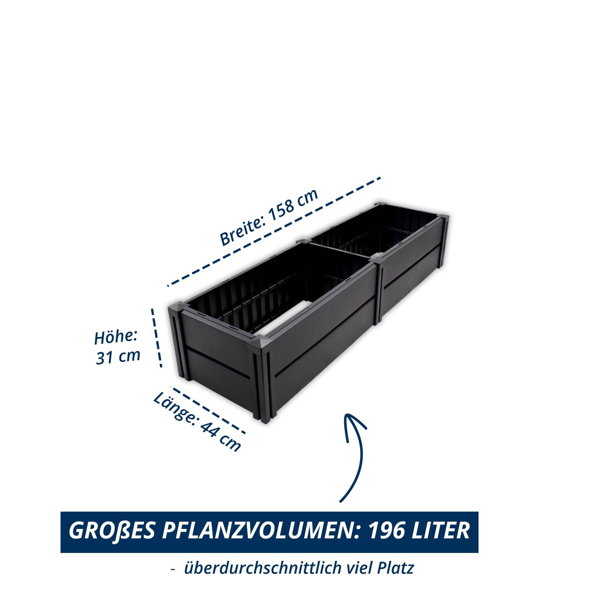 KHW Hochbeet Demeter L Schmal | 158x44x31 cm Hochbeet für Garten Balkon & Terrasse | 196L Pflanzvolumen | aus 100% recyceltem Kunststoff