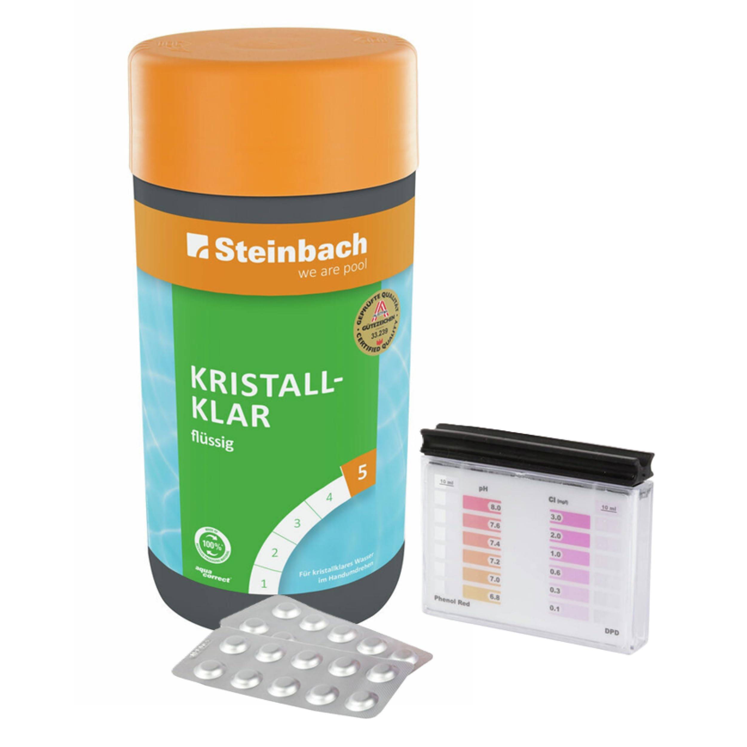 Steinbach | Poolpflege Test-Set | Kristallklar 1l & Testkit für pH-Wert/Chlor | ideal zur Wasserkontrolle von pH-Wert und freiem Chlor | Poolwasser