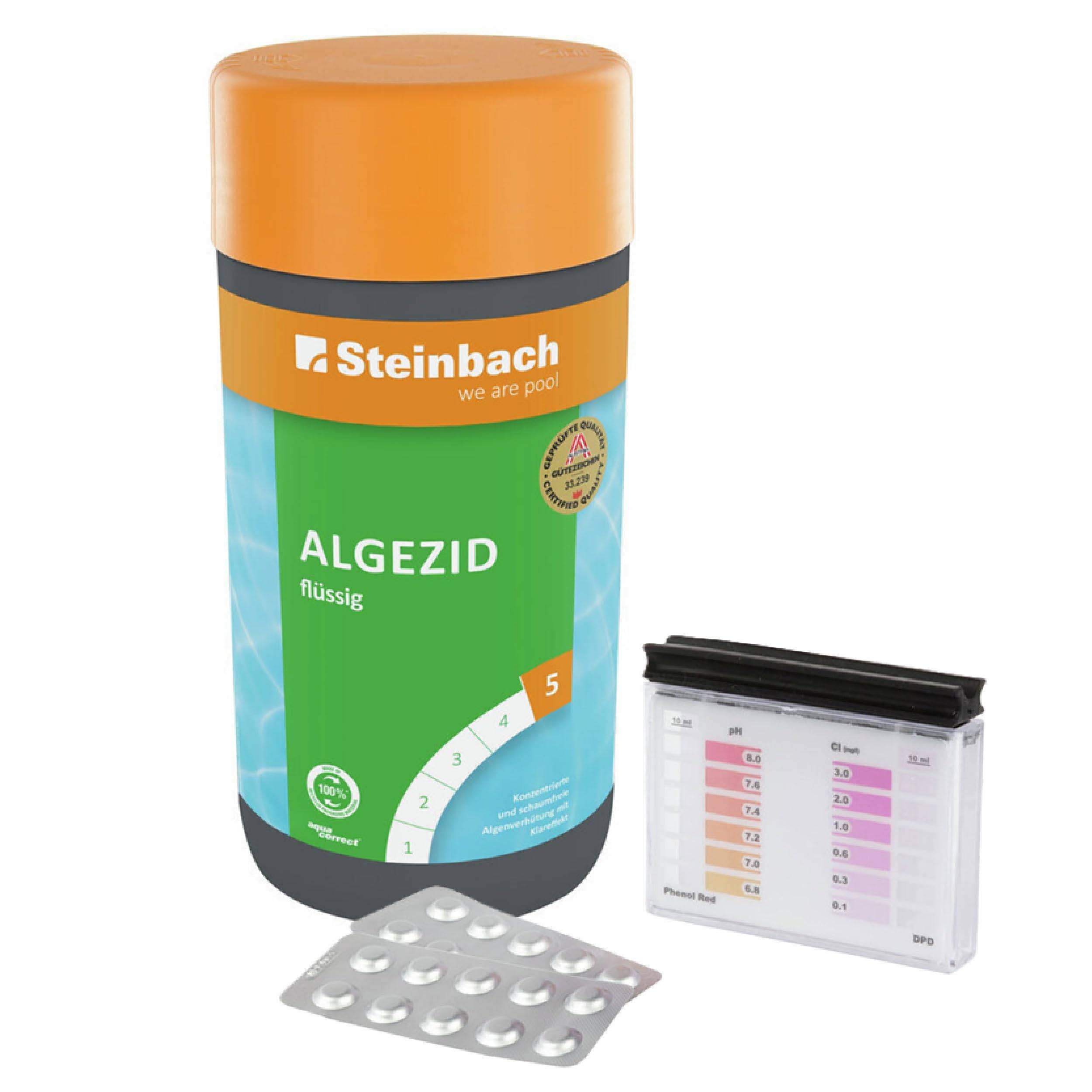 Steinbach | Poolpflege Test-Set | Algezid 1l & Testkit für pH-Wert/Chlor | ideal zur Wasserkontrolle von pH-Wert und freiem Chlor | Poolwasser