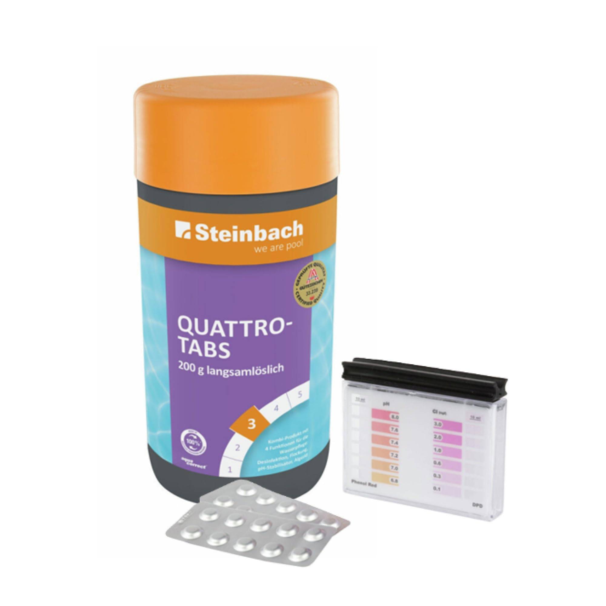 Steinbach | Poolpflege Test-Set | Quattrotabs 200g, langsam löslich 1kg & Testkit für pH-Wert/Chlor | 4-in-1 Wirkung: Desinfektion, Flockung, pH-Sta