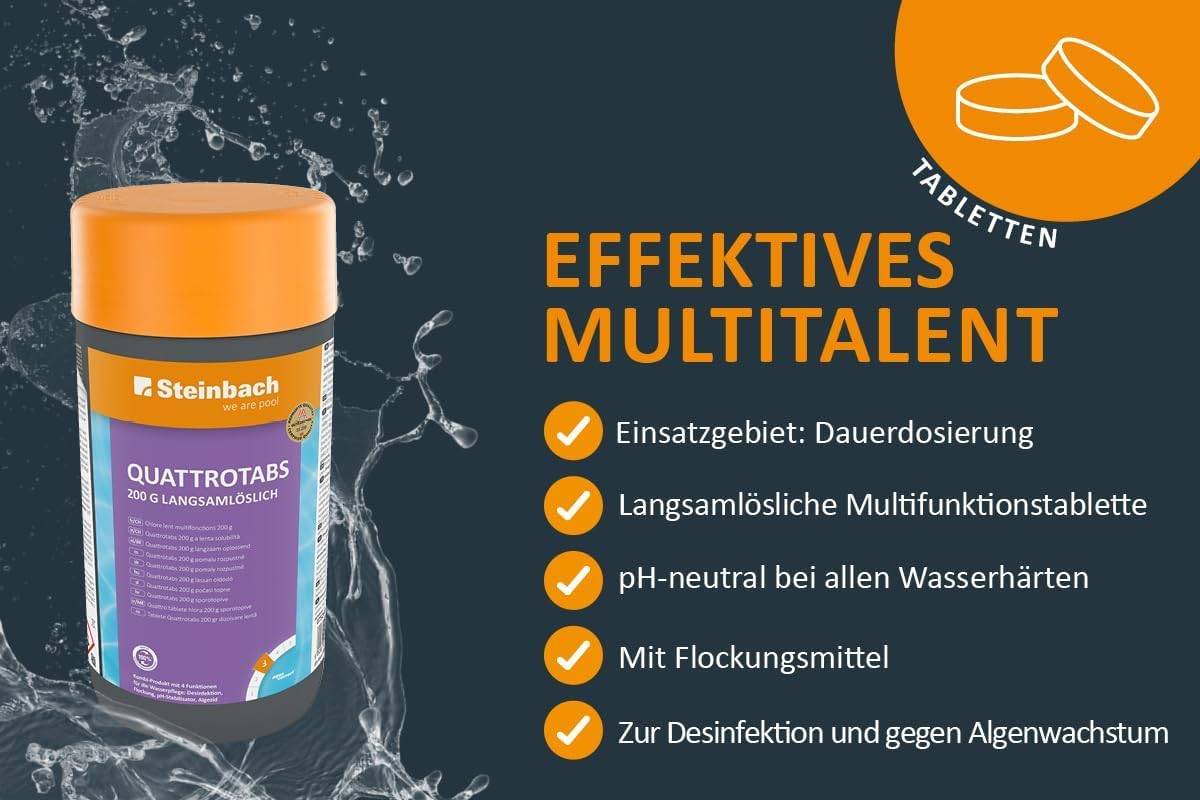 Steinbach | Poolpflege Test-Set | Quattrotabs 200g, langsam löslich 1kg & Testkit für pH-Wert/Chlor | 4-in-1 Wirkung: Desinfektion, Flockung, pH-Sta