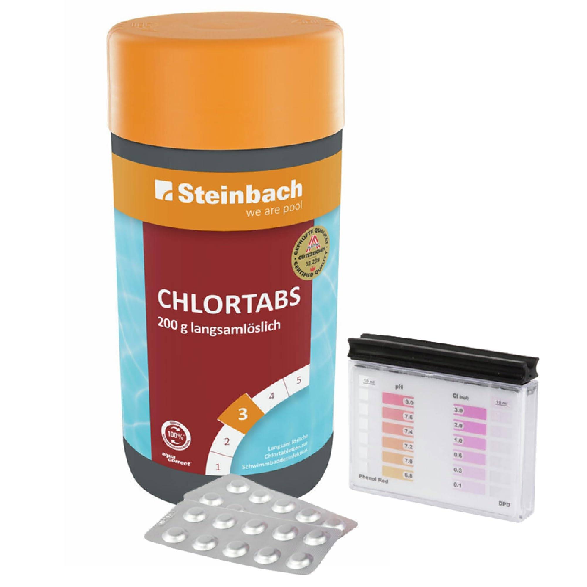 Steinbach | Poolpflege Test-Set | Chlortabs 200 g, 1 kg langsam löslich & Testkit für pH/Chlor | gegen Algen, Viren & Trübstoffe | pH-neutral | fü