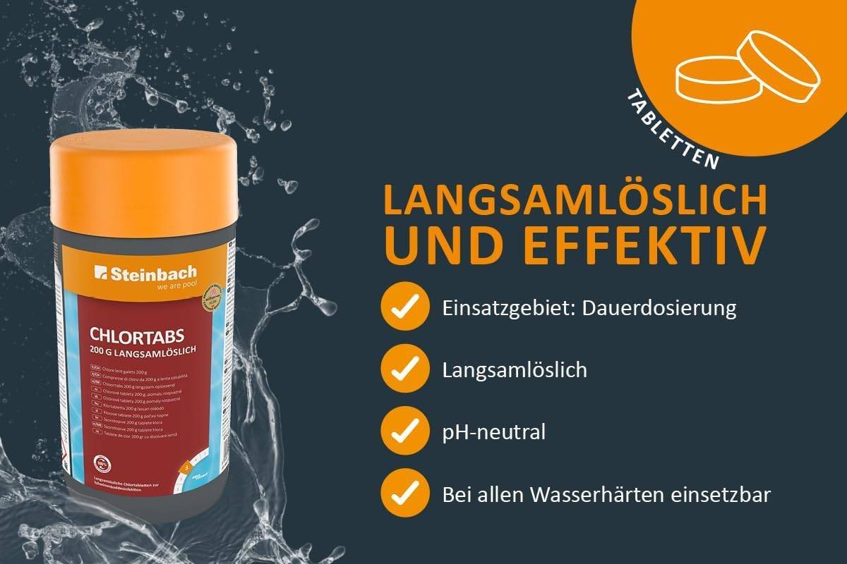 Steinbach Poolpflege Test-Set | Quicktest Streifen für pH-Wert & freies Chlor + Chlortabs 200g | Wasseranalyse & Desinfektion in einem Set