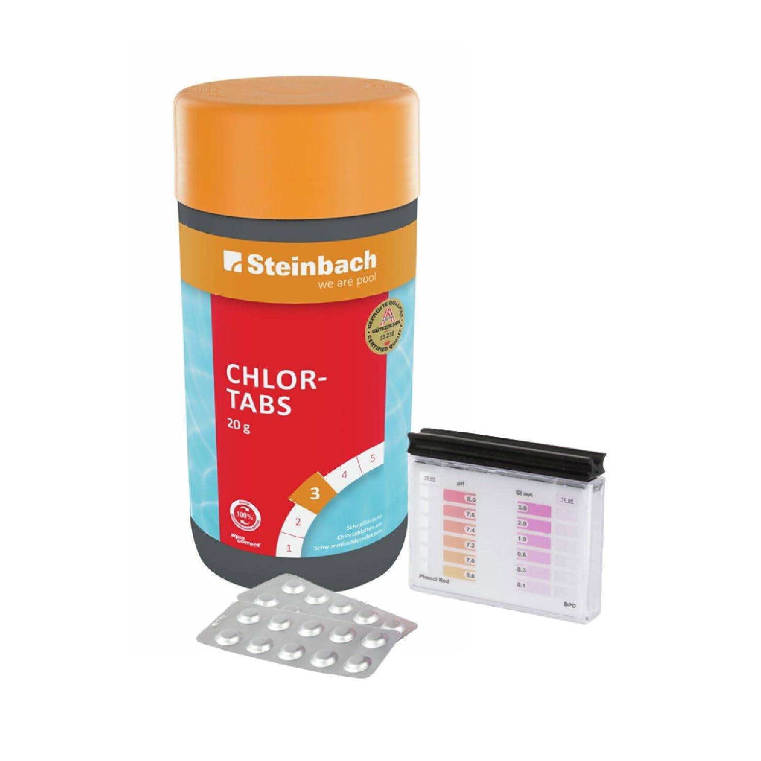 Steinbach Poolpflege Test-Set | Testkit für pH-Wert & freies Chlor + Chlortabs 20 g | Wasseranalyse & Desinfektion in einem Set | schnelllöslich &