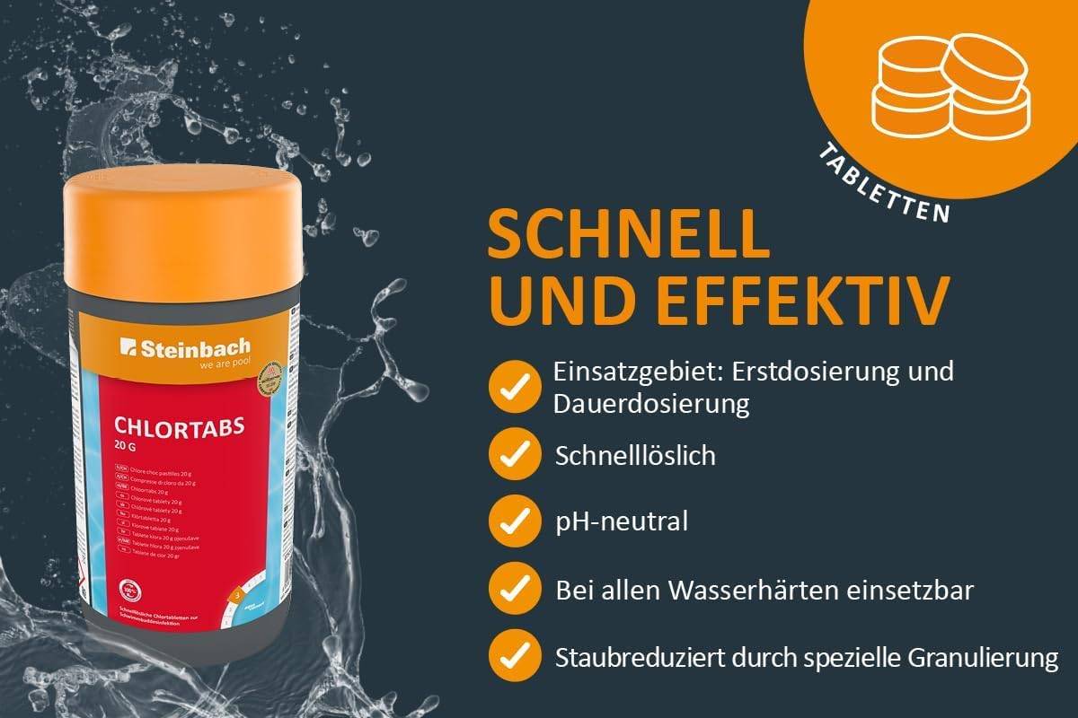 Steinbach Poolpflege Test-Set | Testkit für pH-Wert & freies Chlor + Chlortabs 20 g | Wasseranalyse & Desinfektion in einem Set | schnelllöslich &