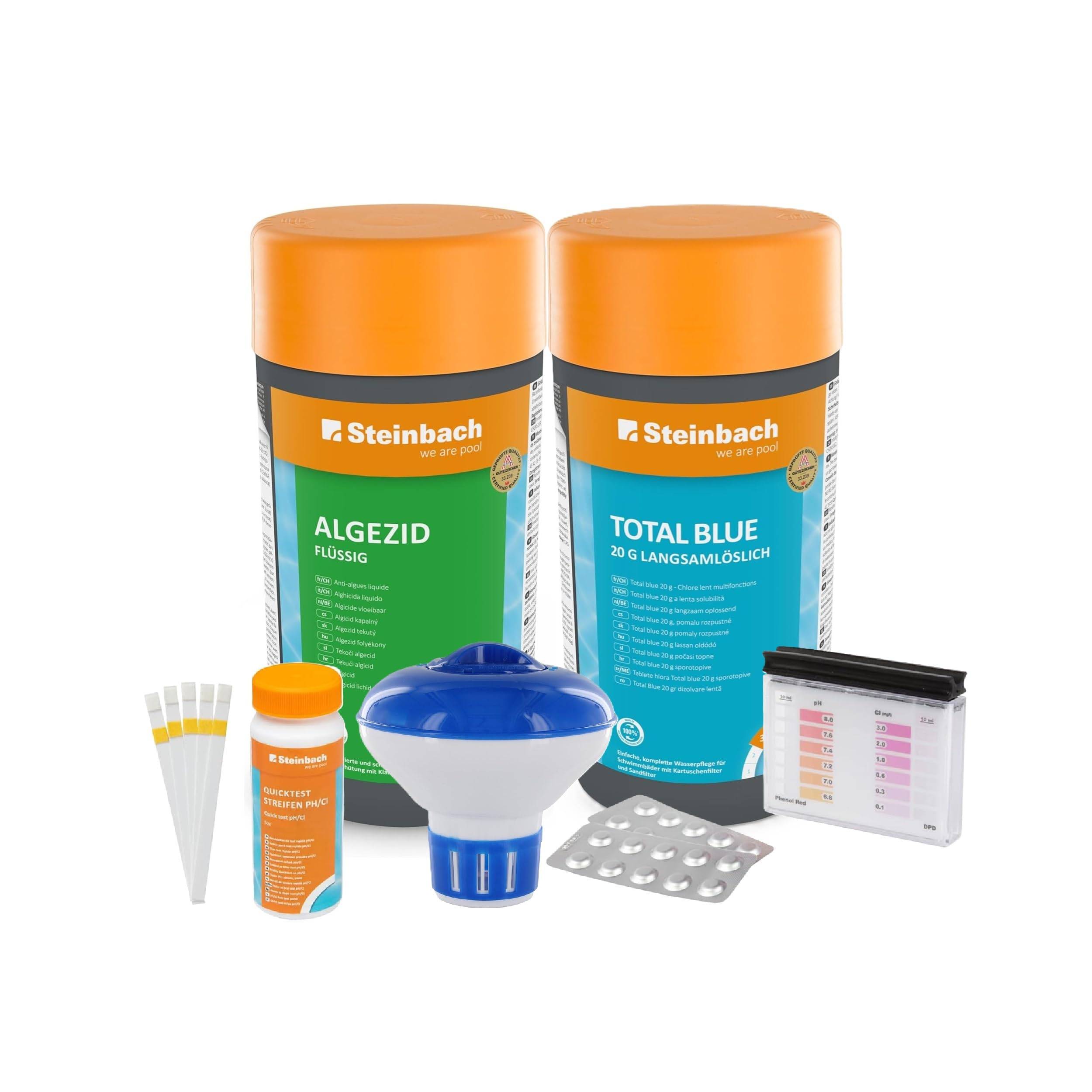 Steinbach | Poolpflege Starter Set | inkl. Algezid, Total Blue 20g, 50er Teststreifen Kit, Dosierschwimmer & Testkit für pH-Wert/Chlor | ideal zur