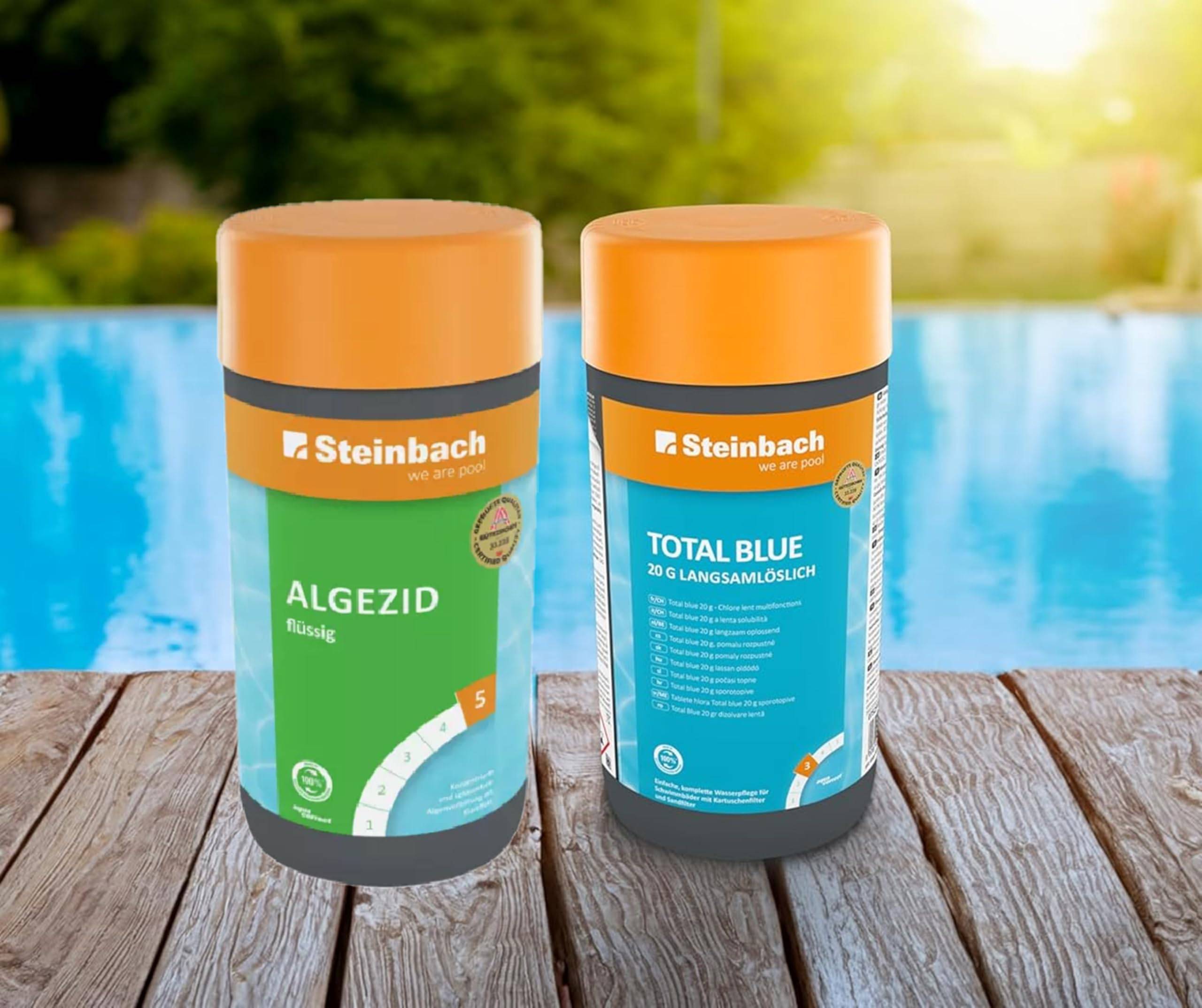 Steinbach | Poolpflege Starter Set | inkl. Algezid, Total Blue 20g, 50er Teststreifen Kit, Dosierschwimmer & Testkit für pH-Wert/Chlor | ideal zur
