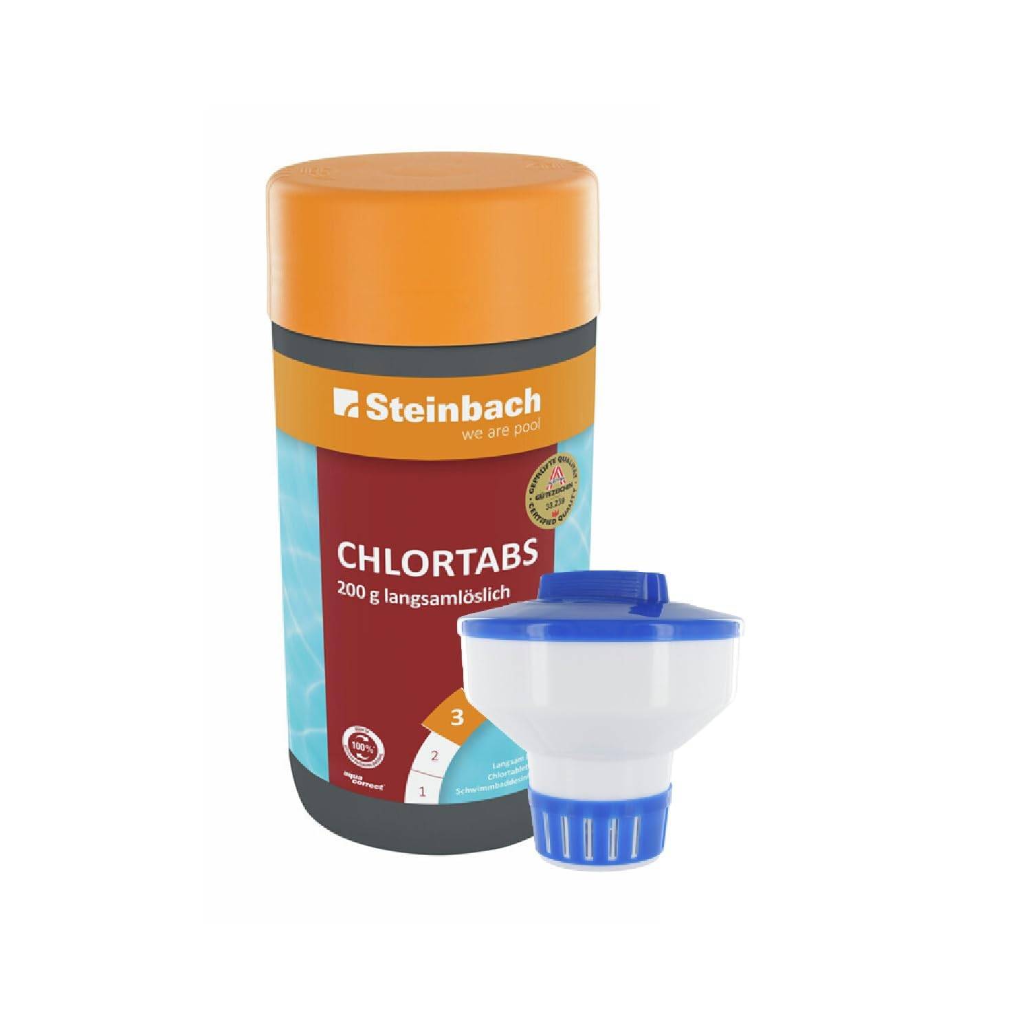 Steinbach Poolpflege-Set | Chlordosierschwimmer Maxi Ø 17 cm & Chlortabs 200 g, 1 kg | für Dauerdosierung | Verstellbarer Dosierregler | für Pools