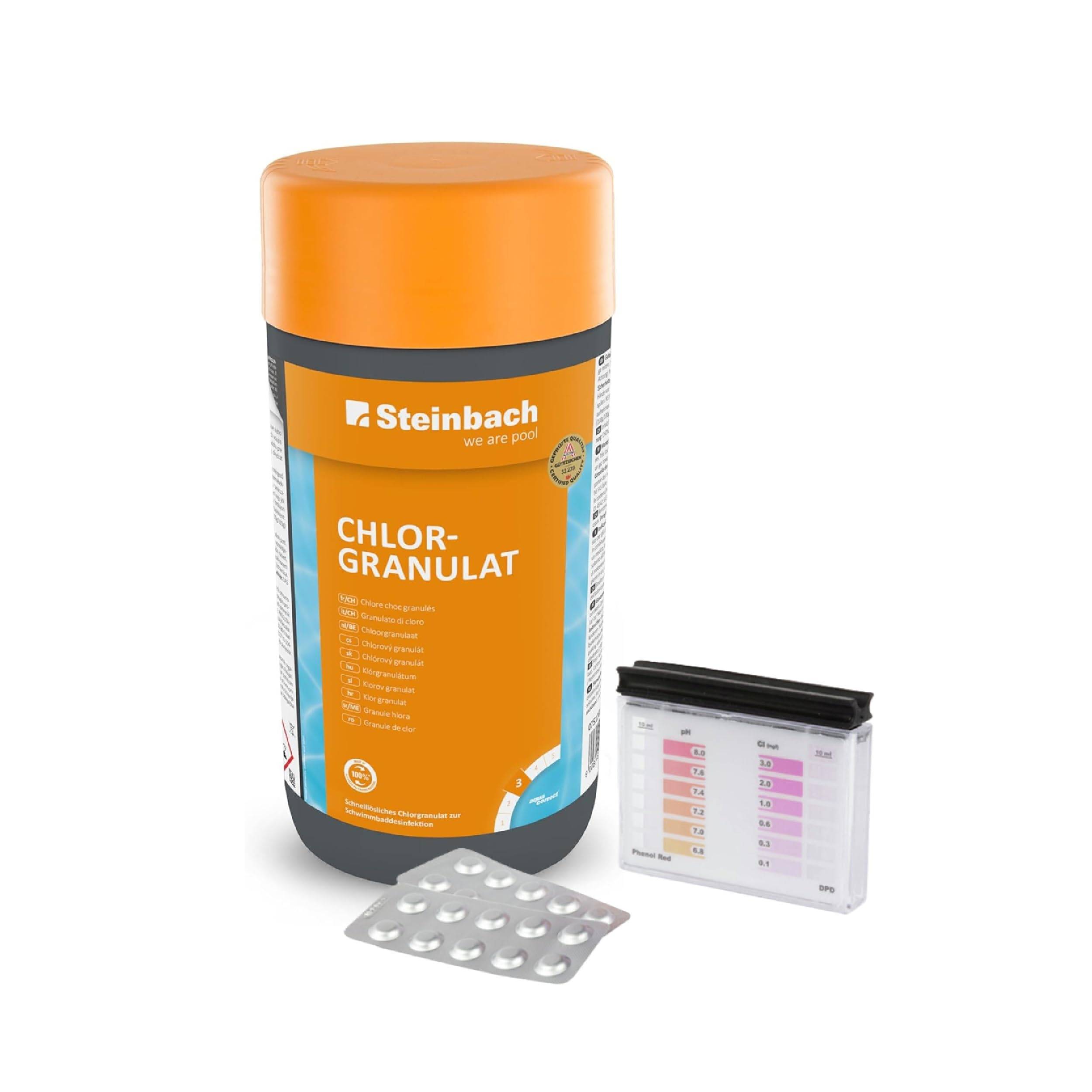 Steinbach | Poolpflege Test-Set | Chlorgranulat 1 KG & Testkit für pH-Wert/Chlor | ideal zur Wasserkontrolle, Erstdosierung & Schockbehandlung