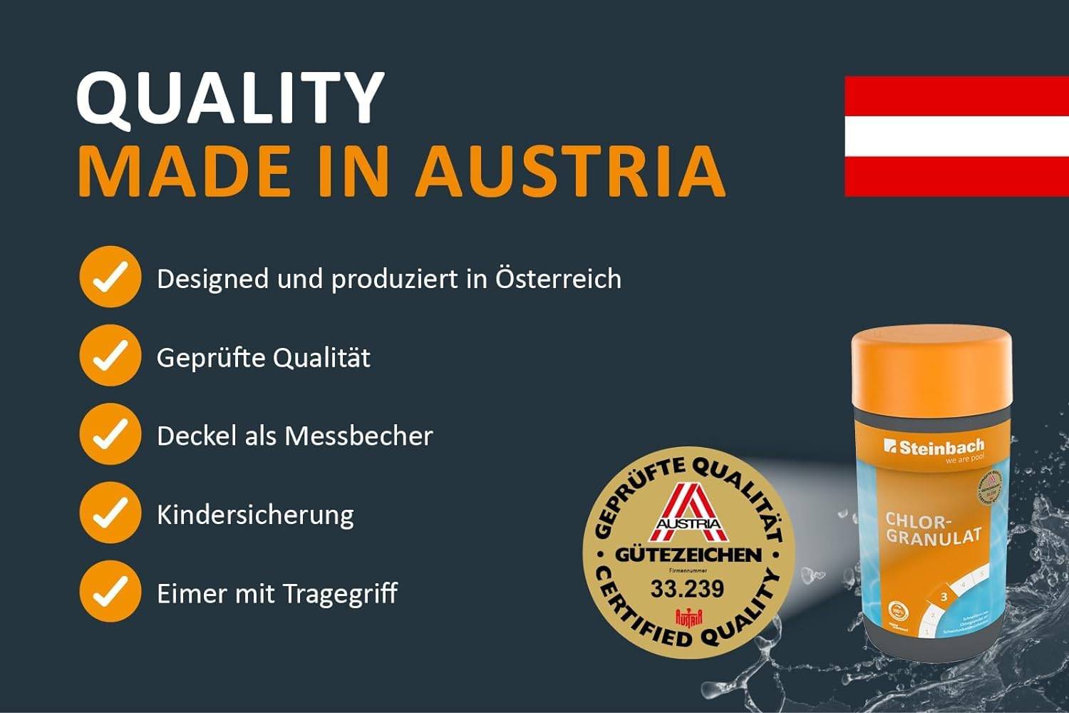 Steinbach | Poolpflege Test-Set | Chlorgranulat 1 KG & Testkit für pH-Wert/Chlor | ideal zur Wasserkontrolle, Erstdosierung & Schockbehandlung