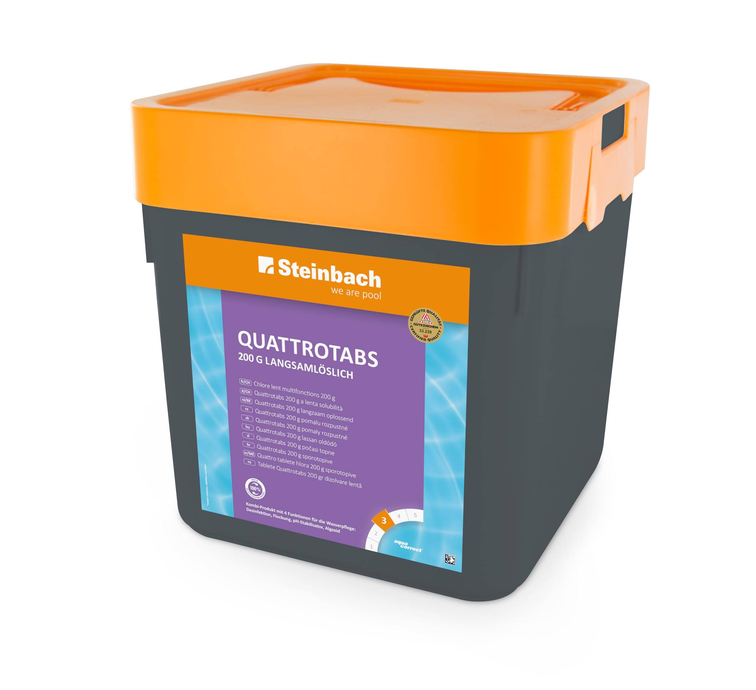 Steinbach | Poolpflege Quattrotabs | langsamlöslich | 200g Tabs | 5 kg | ideal für langanhaltende Wasserhygiene | pflegt zuverlässig und effizient