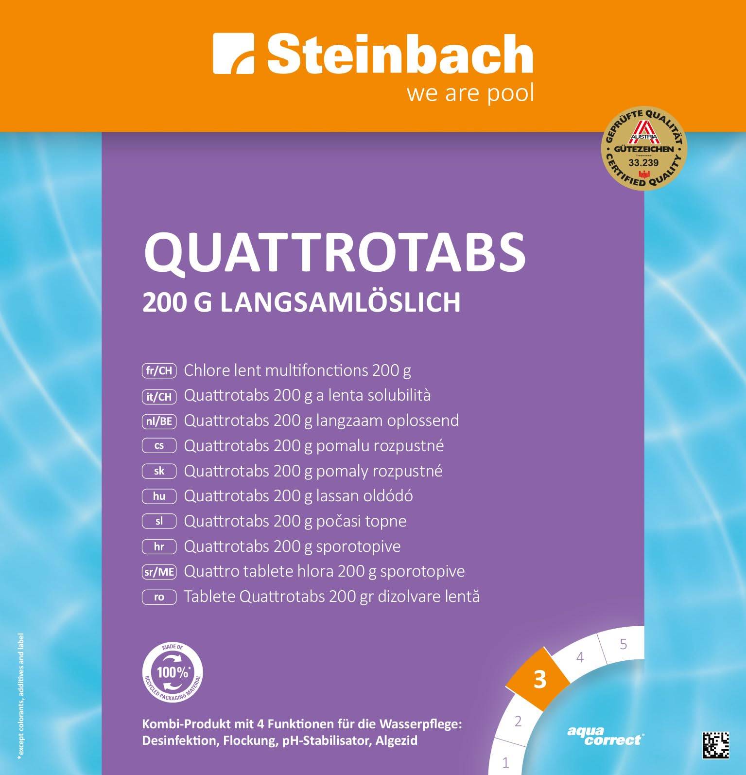 Steinbach | Poolpflege Quattrotabs | langsamlöslich | 200g Tabs | 5 kg | ideal für langanhaltende Wasserhygiene | pflegt zuverlässig und effizient