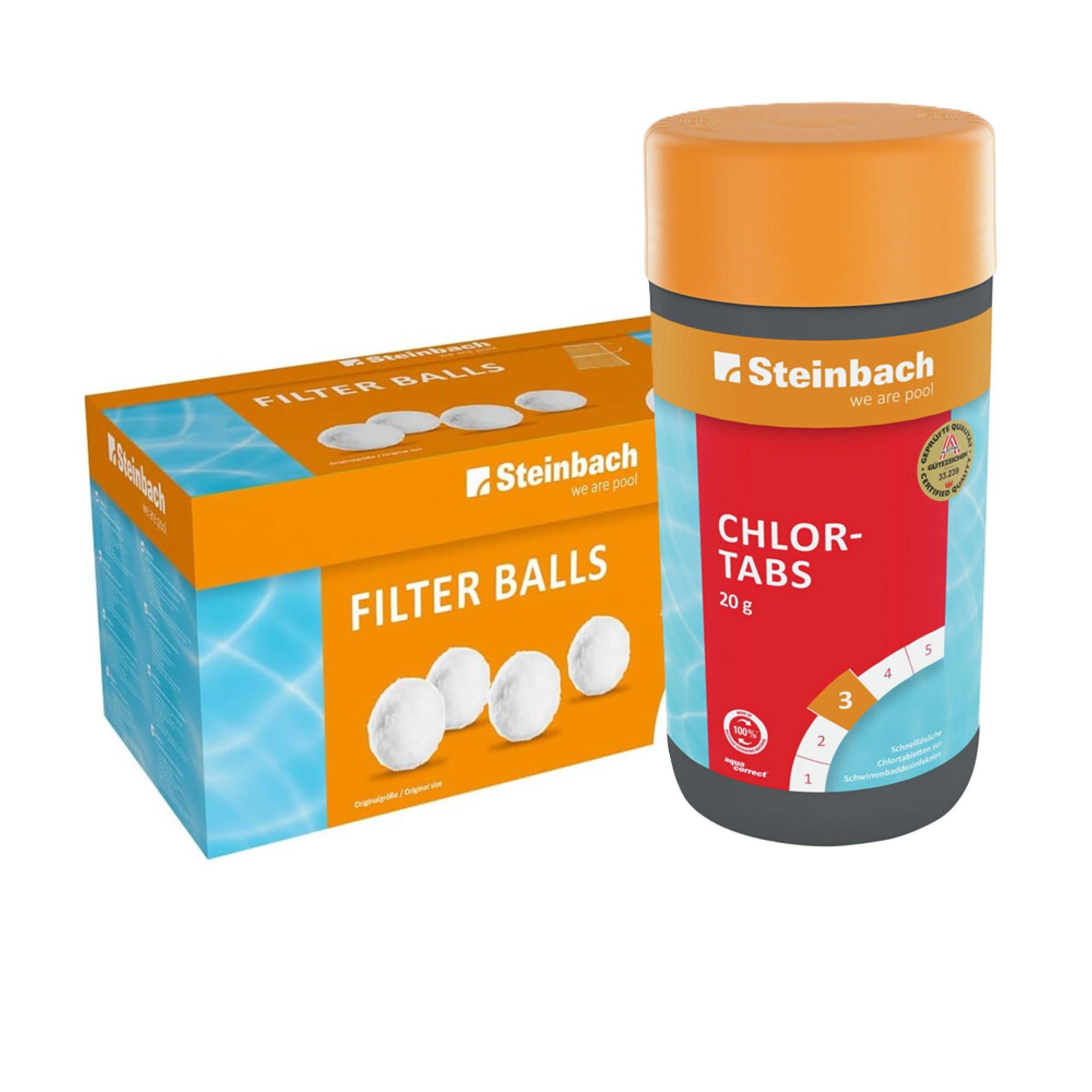 Steinbach Poolpflege-Set | Chlortabs (20g) 1 kg & Filter Balls 700 g | Schockchlorung & Wasserdesinfektion | Filterbälle ersetzt Filtersand