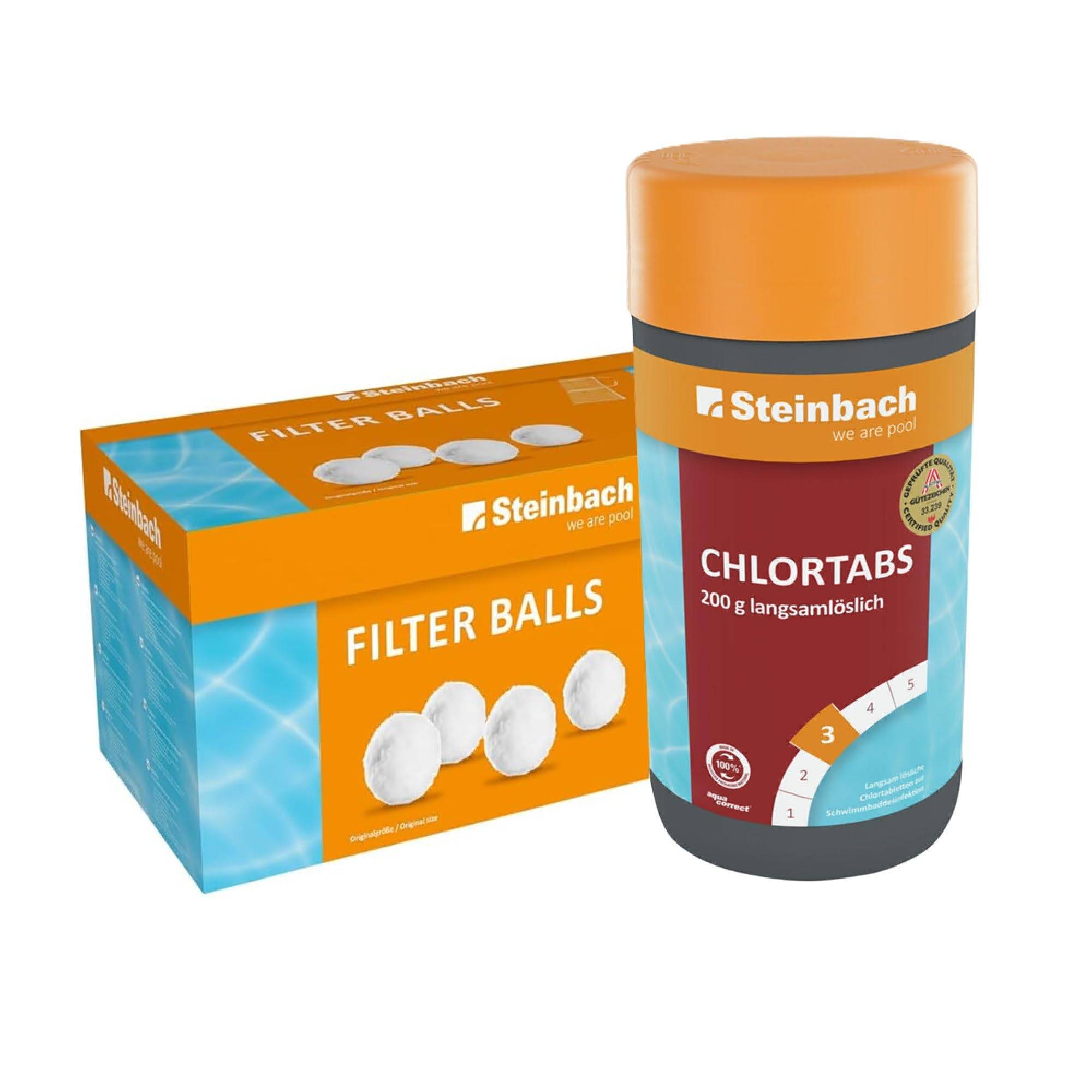 Steinbach Poolpflege-Set | Chlortabs (200g) 1 kg & Filter Balls 700 g | Schockchlorung & Wasserdesinfektion | Filterbälle ersetzt Filtersand