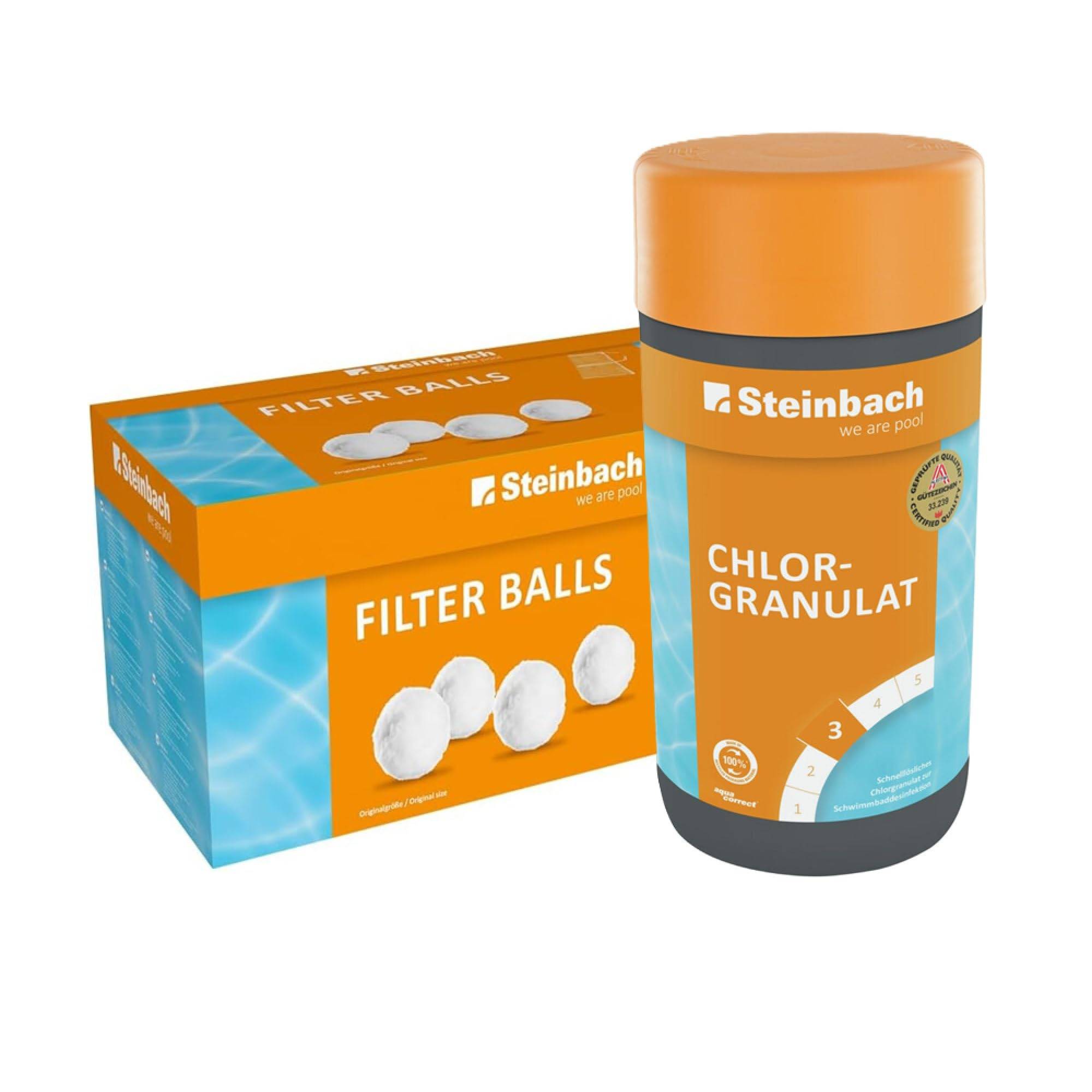 Steinbach Poolpflege-Set | Chlorgranulat 1kg & Filter Balls 700g | Schockchlorung & Wasserdesinfektion | ersetzt Filtersand | kristallklares