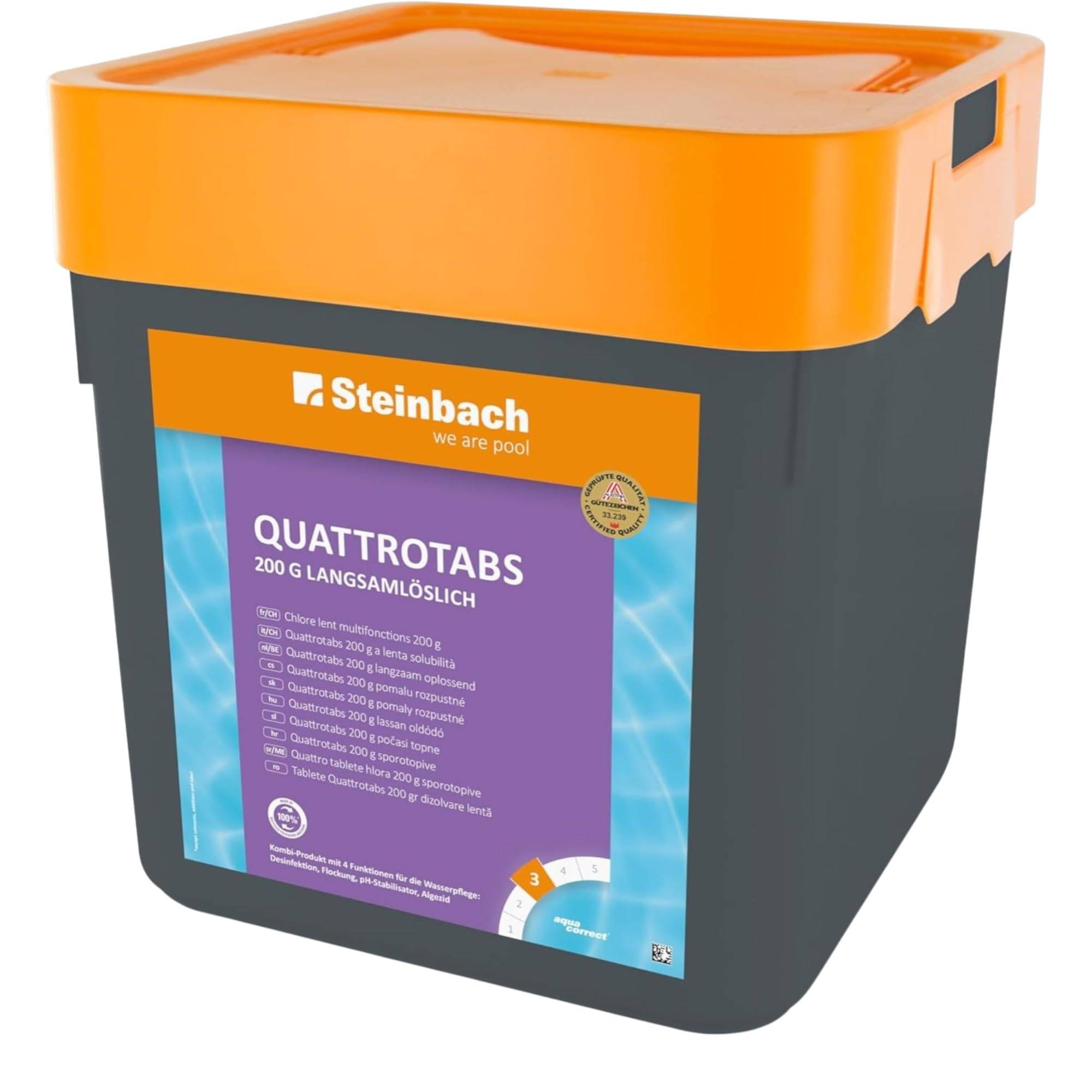 Steinbach Poolpflege Quattrotabs 200g langsamlöslich - 0752605TD00-5kg - 4-in-1 Chlortabletten mit Flockungsmittel - pH-Stabilisator & Algenverhütun
