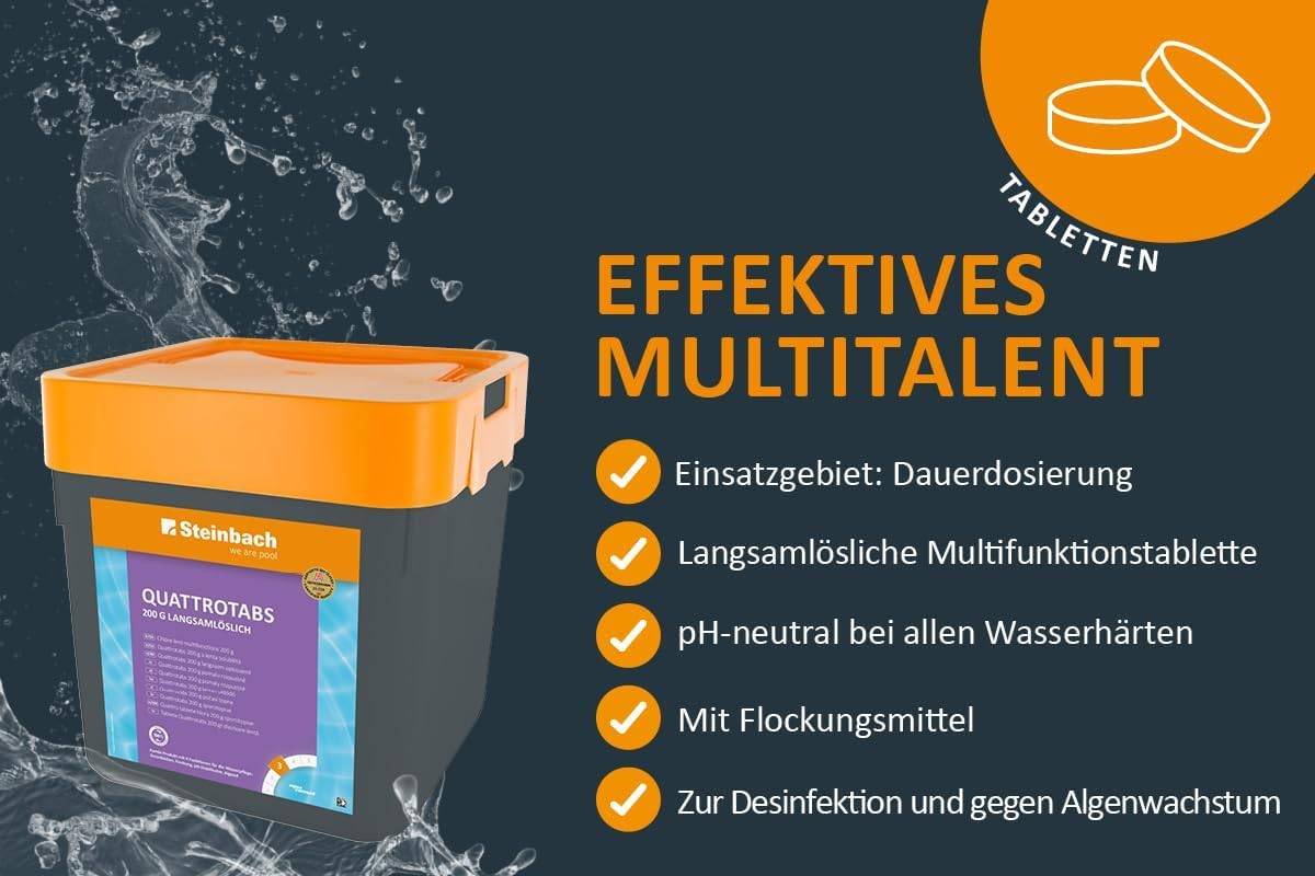 Steinbach Poolpflege Quattrotabs 200g langsamlöslich - XXL Vorratspackung - 15 kg - 4-in-1 Chlortabletten mit Flockungsmittel - pH-Stabilisator
