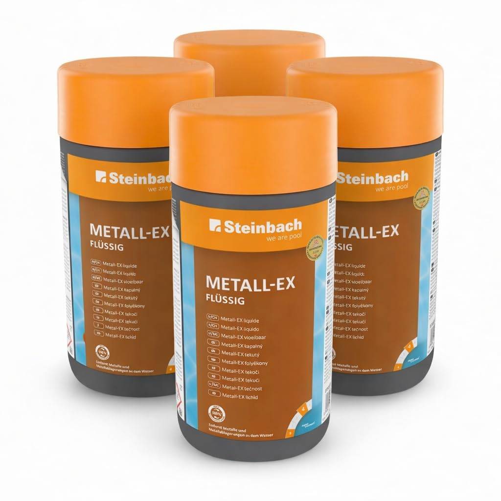 STEINBACH Poolpflege Metall-EX flüssig - 0755401TV00-4x1l - Entfernt Eisen, Kupfer & andere Metalle - Gegen Trübungen & Ablagerungen - Einfache Anwe
