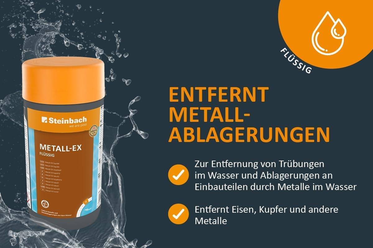 STEINBACH Poolpflege Metall-EX flüssig - 0755401TV00-4x1l - Entfernt Eisen, Kupfer & andere Metalle - Gegen Trübungen & Ablagerungen - Einfache Anwe