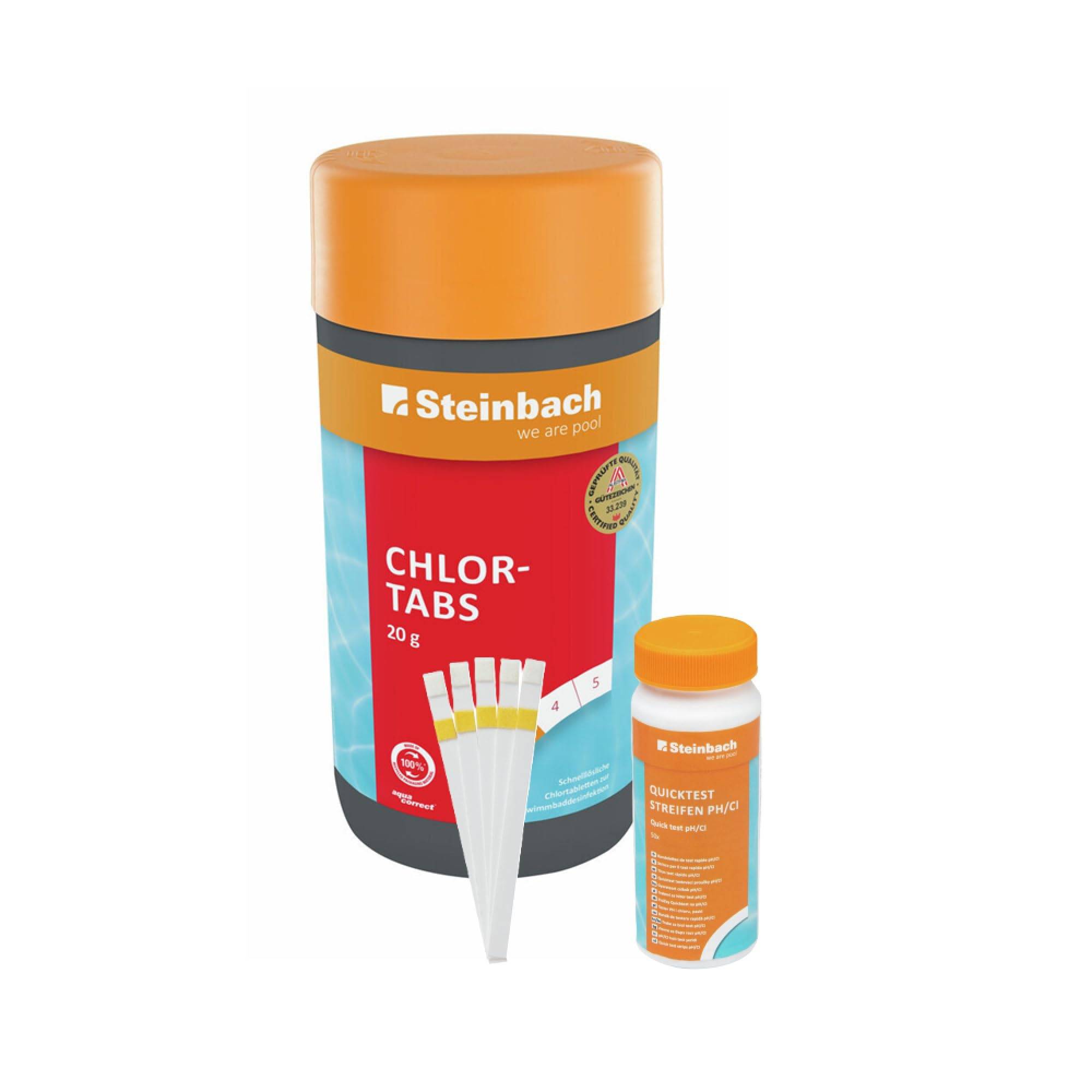 Steinbach Poolpflege Test-Set | Quicktest Streifen für pH-Wert & freies Chlor + Chlortabs 20g | Wasseranalyse & Desinfektion in einem Set | schnelll