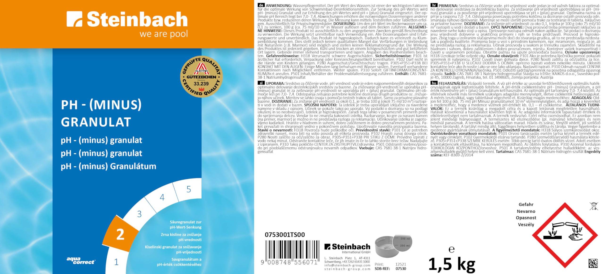 Steinbach Poolpflege pH-Minus Granulat – 0753001TS04 – 4 Stück | 1,5 kg – Zur pH-Wert-Senkung im Pool/Gut löslich & staubreduziert/Für bess