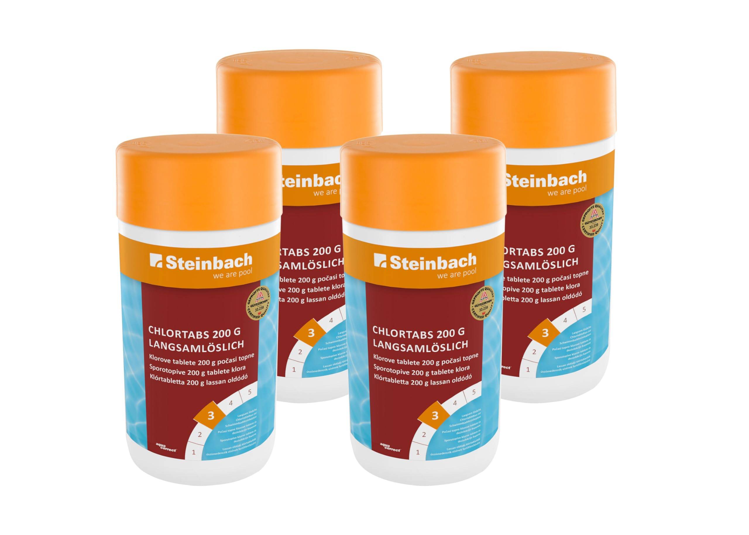 Steinbach Poolpflege Chlortabs 200 g langsamlöslich – 0752201TS04 – 4x1 kg – pH-neutral & kalkfrei/Desinfektion bei Allen Wasserhärten/Rück