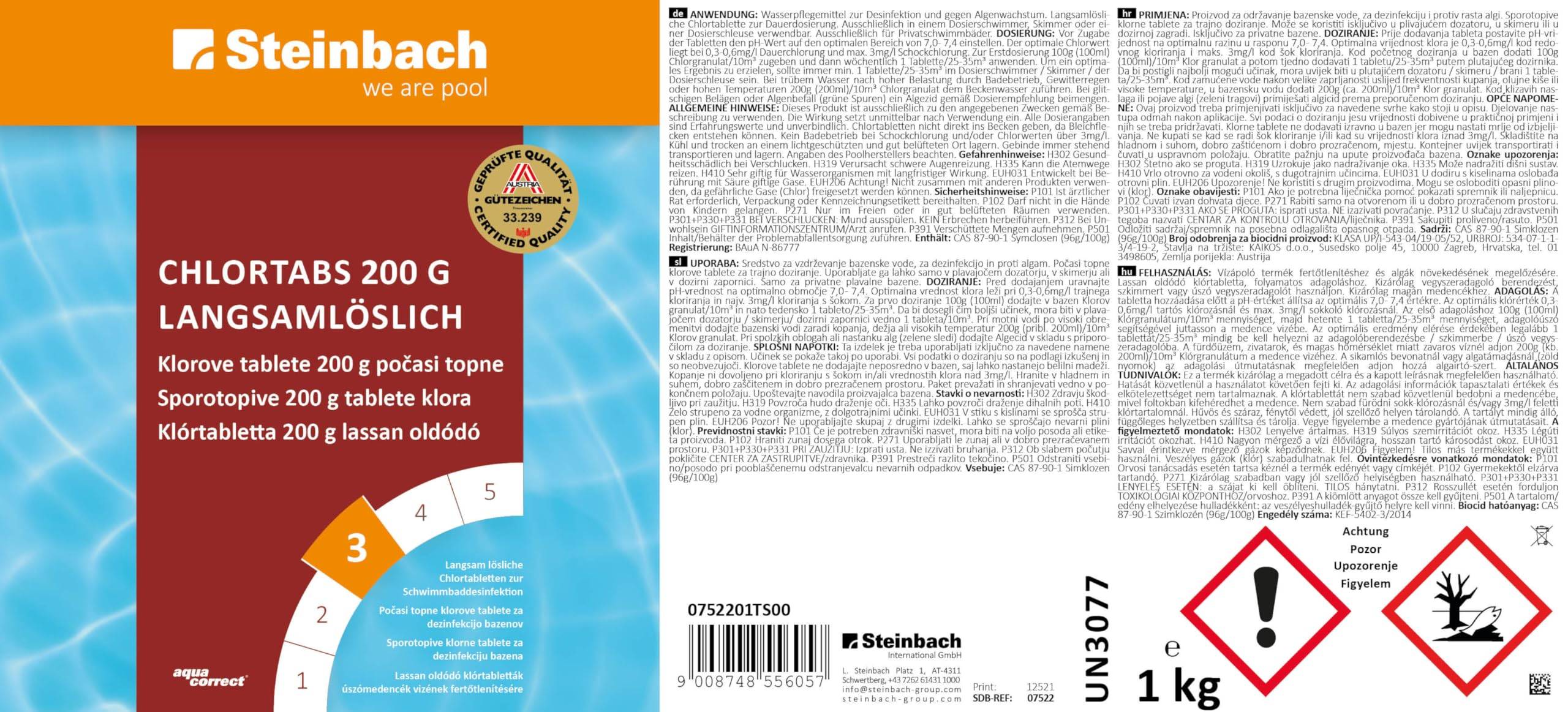 Steinbach Poolpflege Chlortabs 200 g langsamlöslich – 0752201TS04 – 4x1 kg – pH-neutral & kalkfrei/Desinfektion bei Allen Wasserhärten/Rück